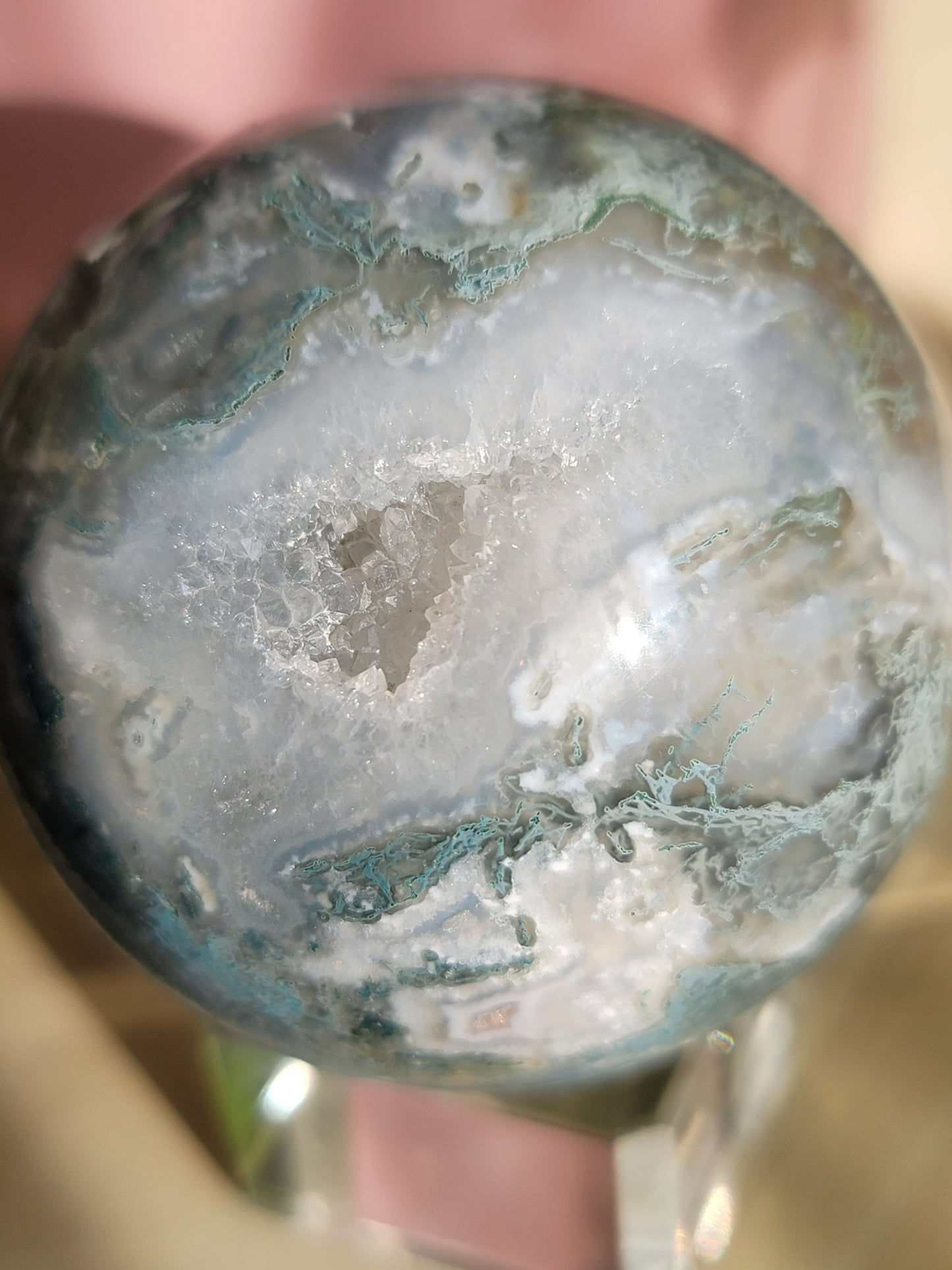 Druzy Moss Agate Sphere: Natural Tranquility and Earthly Connection