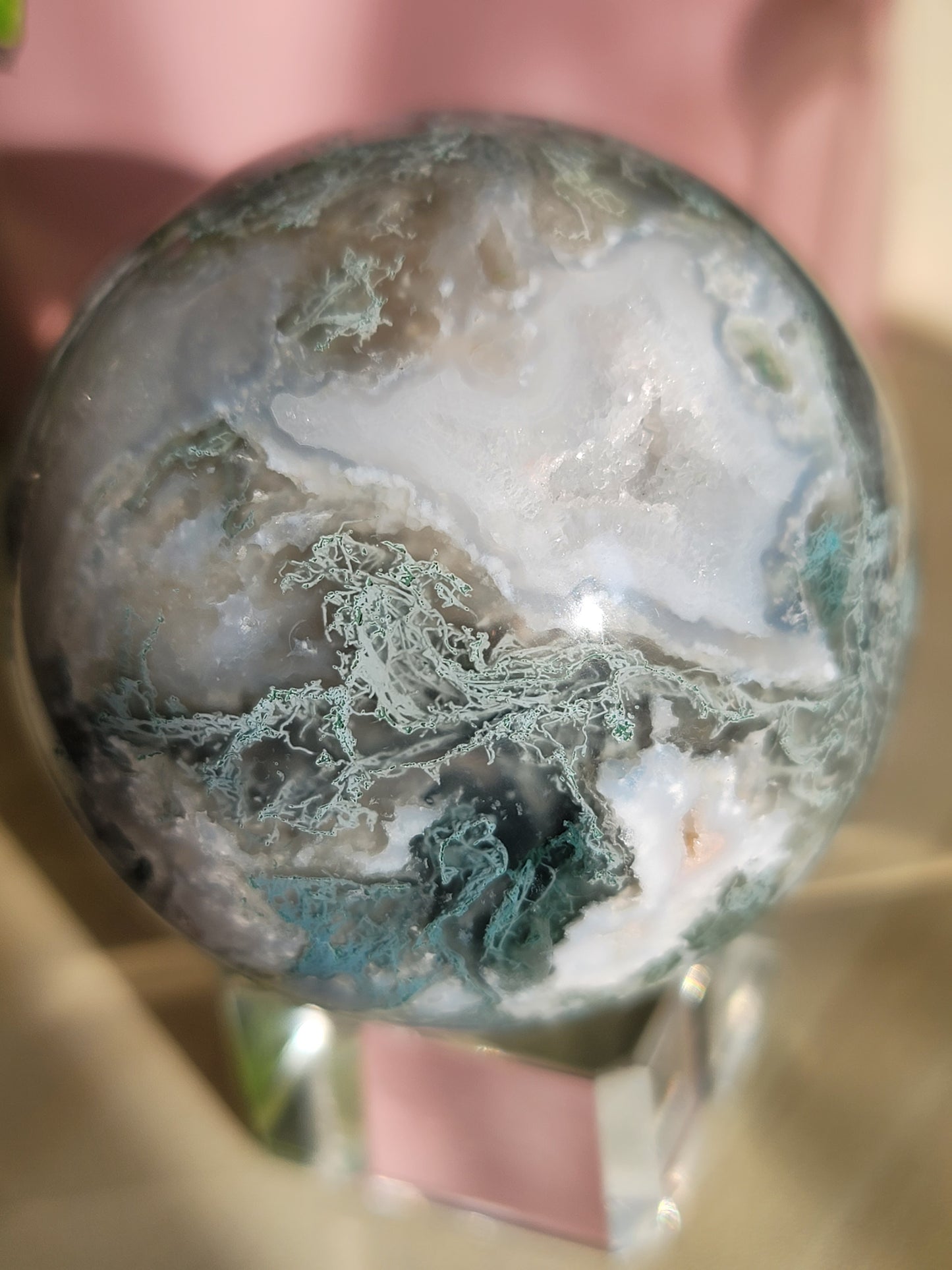 Druzy Moss Agate Sphere: Natural Tranquility and Earthly Connection