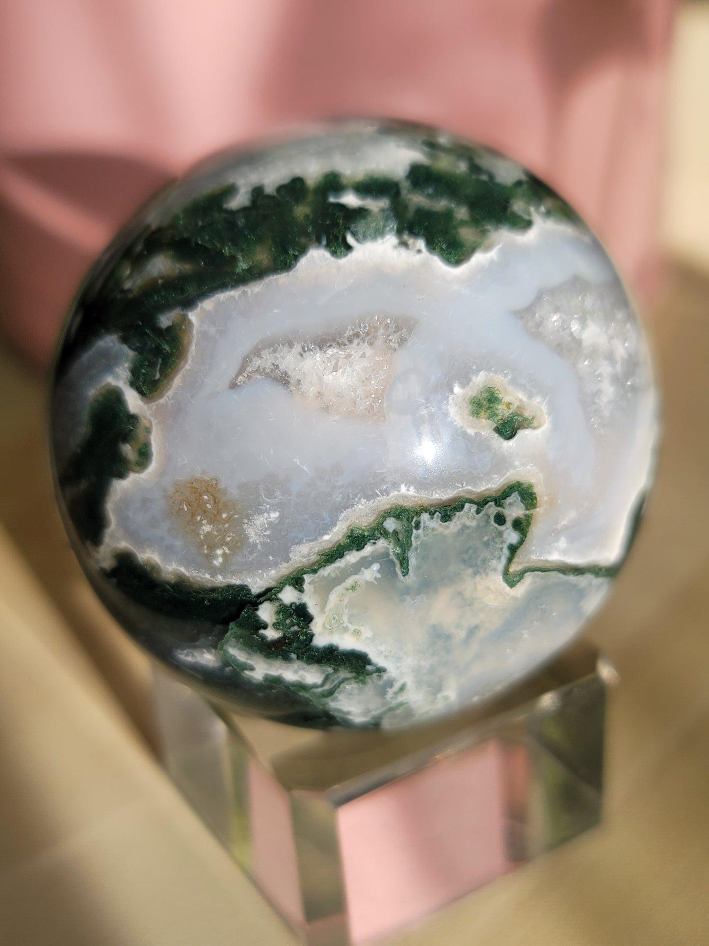 Druzy Moss Agate Sphere: Natural Tranquility and Earthly Connection