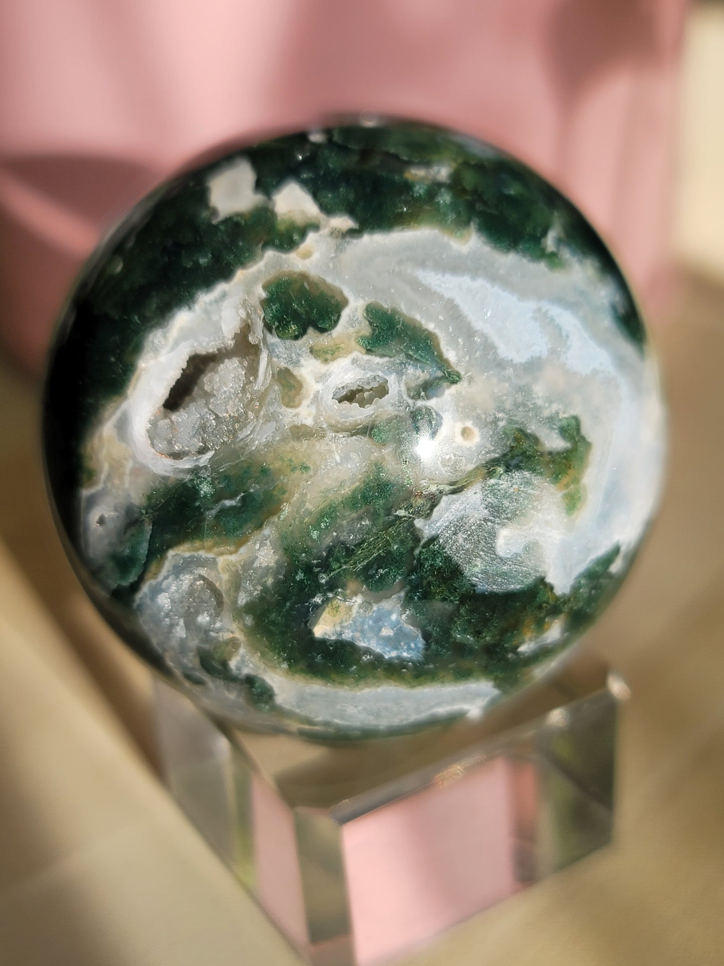 Druzy Moss Agate Sphere: Natural Tranquility and Earthly Connection