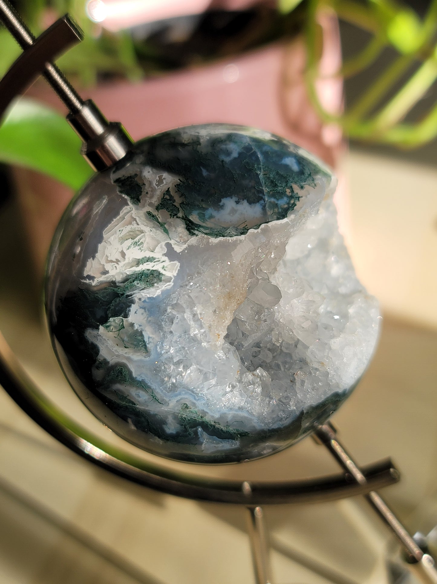 Druzy Moss Agate Sphere: Natural Tranquility and Earthly Connection