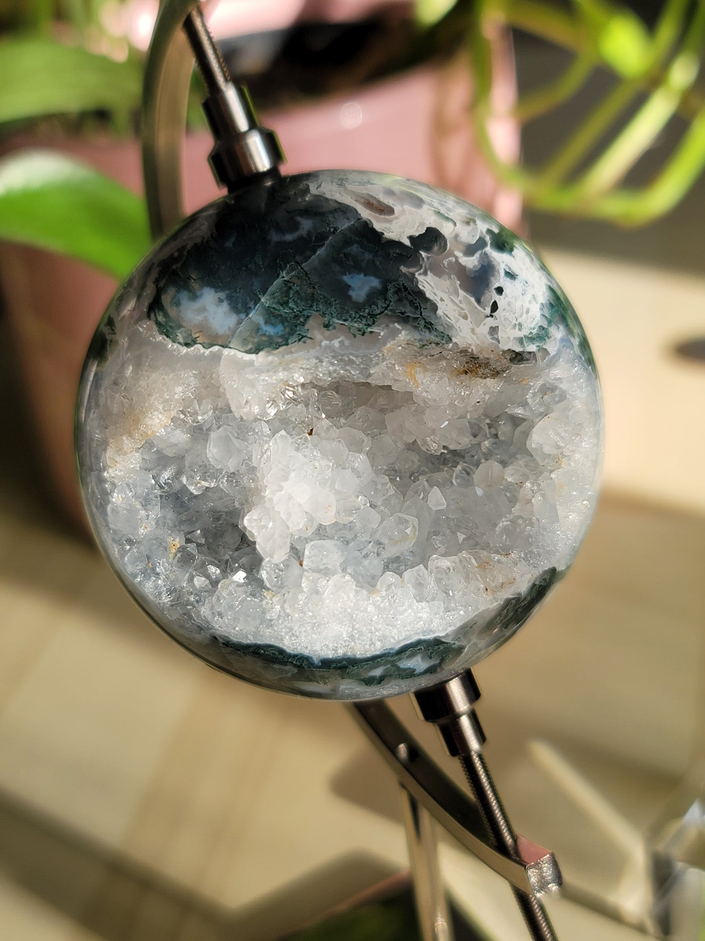 Druzy Moss Agate Sphere: Natural Tranquility and Earthly Connection