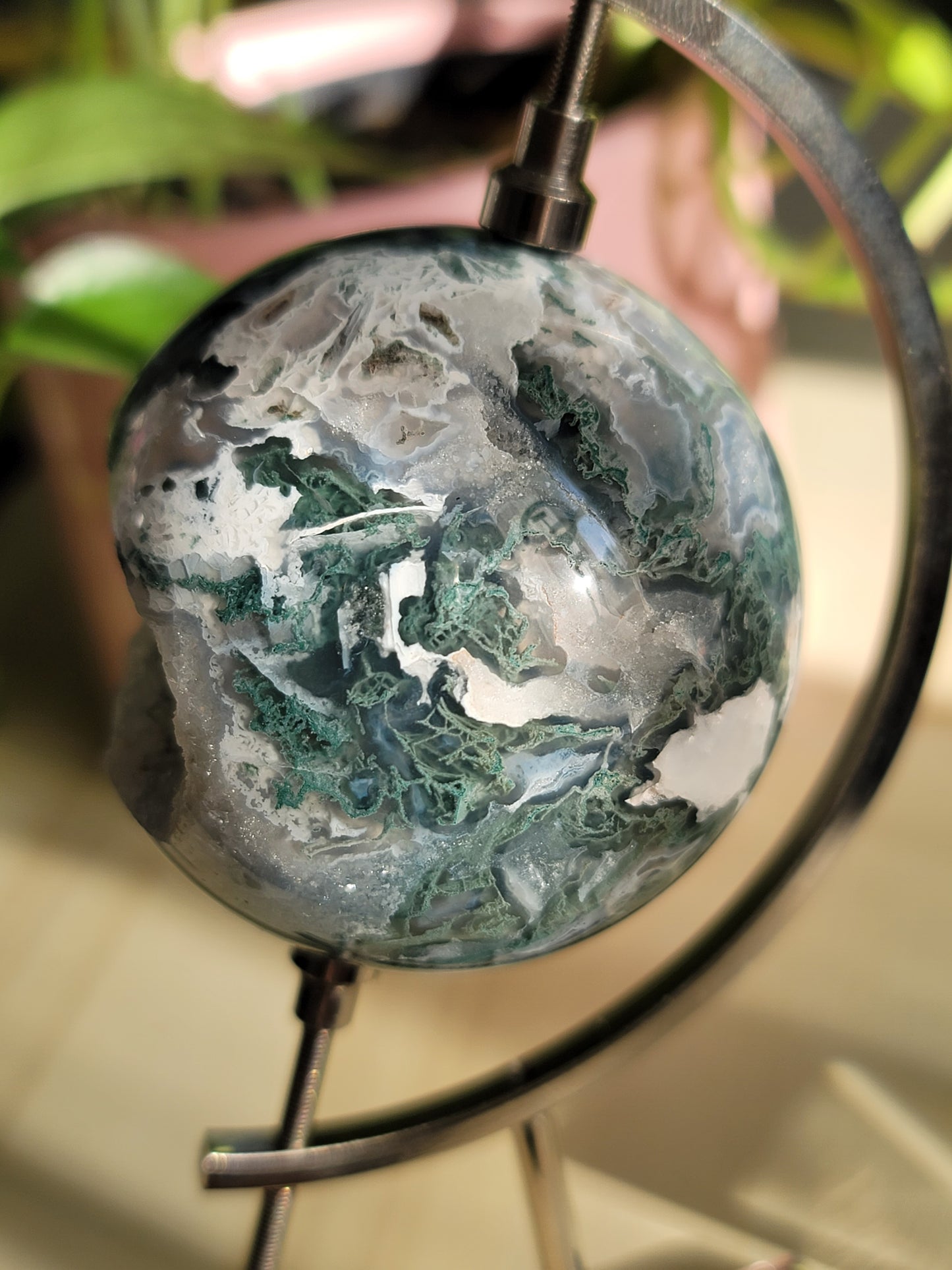 Druzy Moss Agate Sphere: Natural Tranquility and Earthly Connection