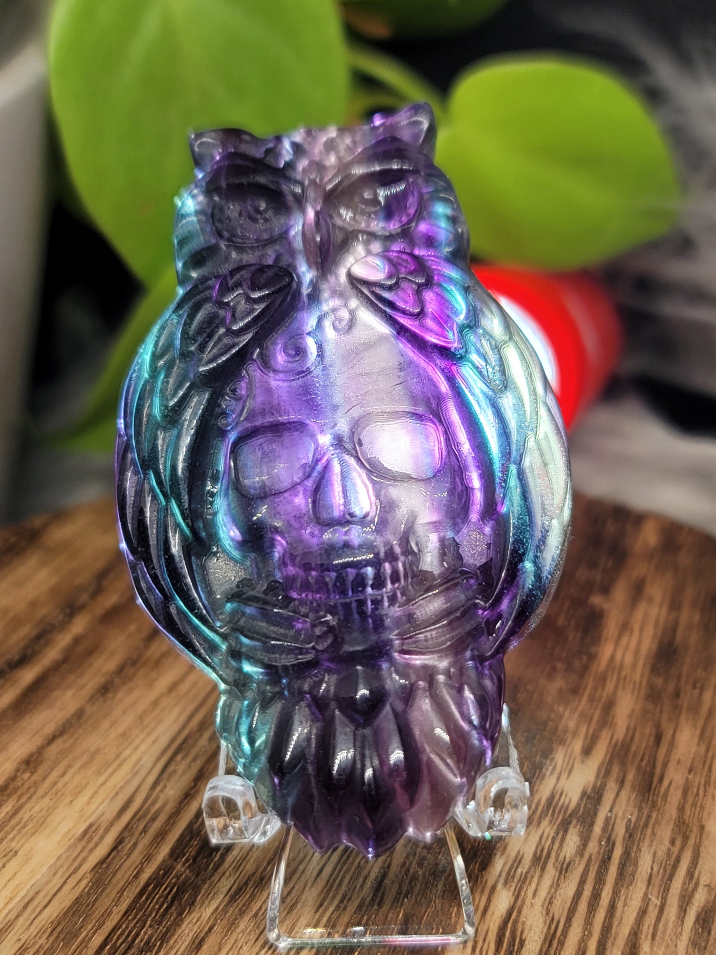 Fluorite Owl and Skull Carving: Guardian of Wisdom and Transformation