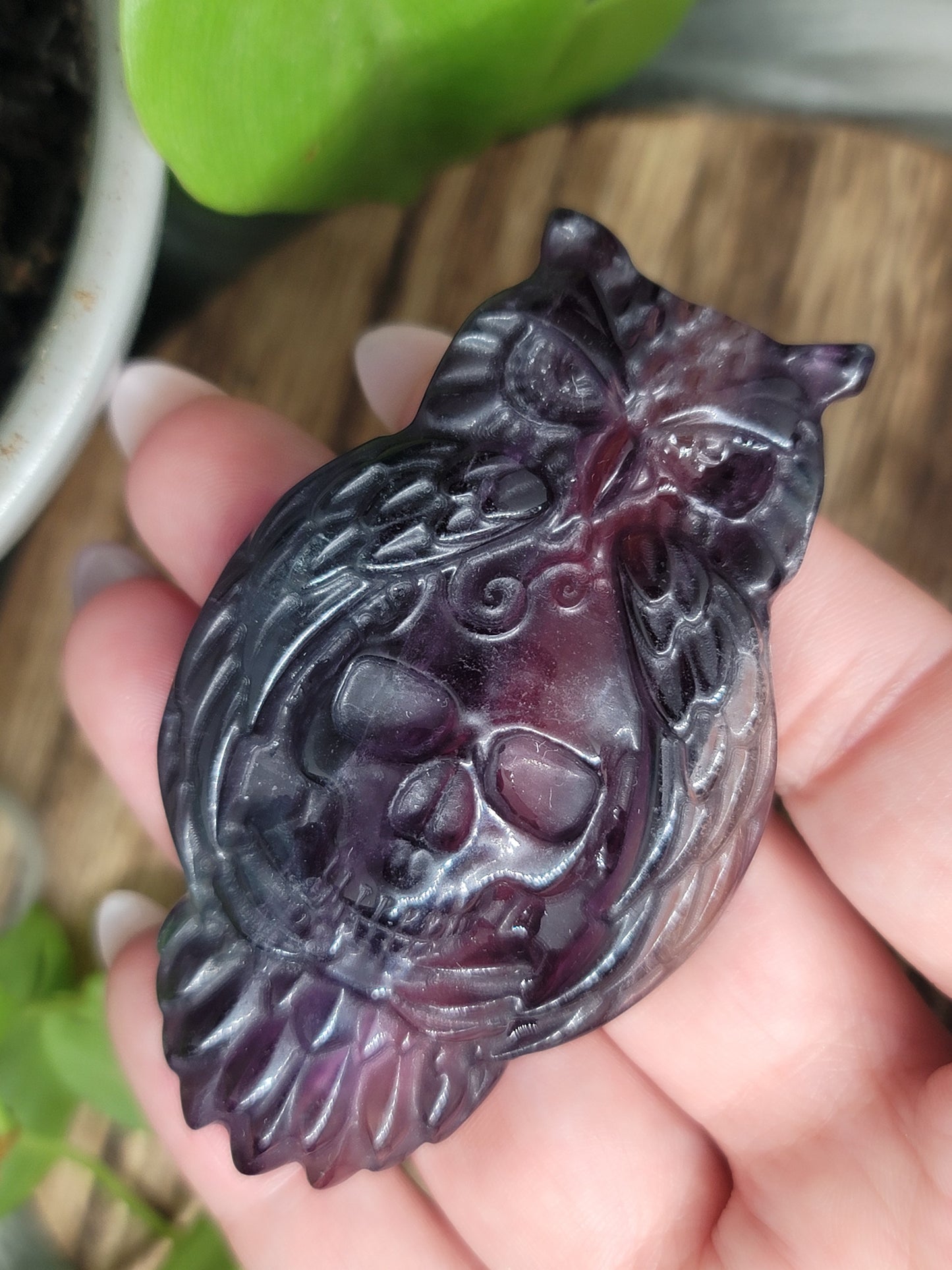 Fluorite Owl and Skull Carving: Guardian of Wisdom and Transformation