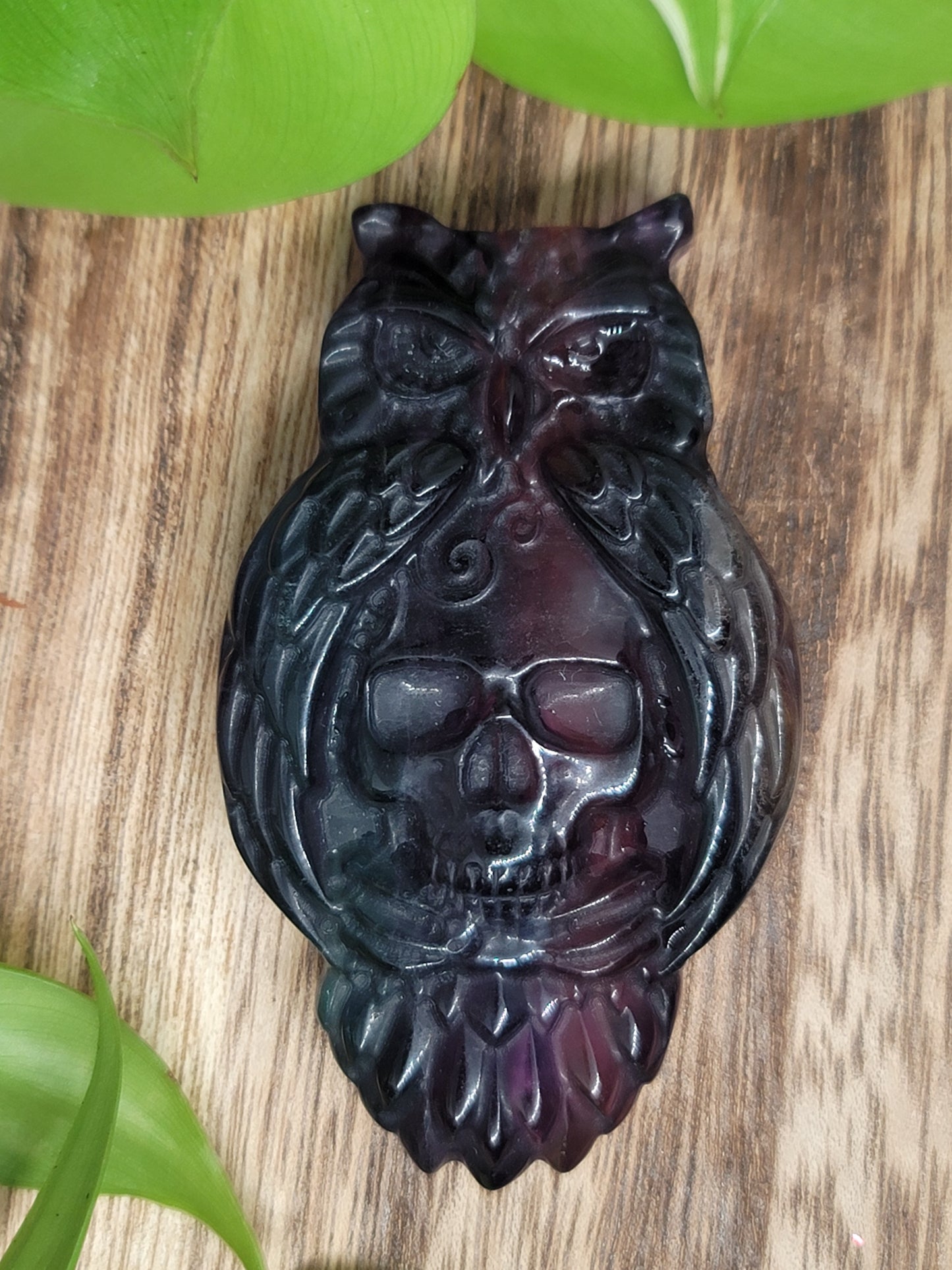 Fluorite Owl and Skull Carving: Guardian of Wisdom and Transformation