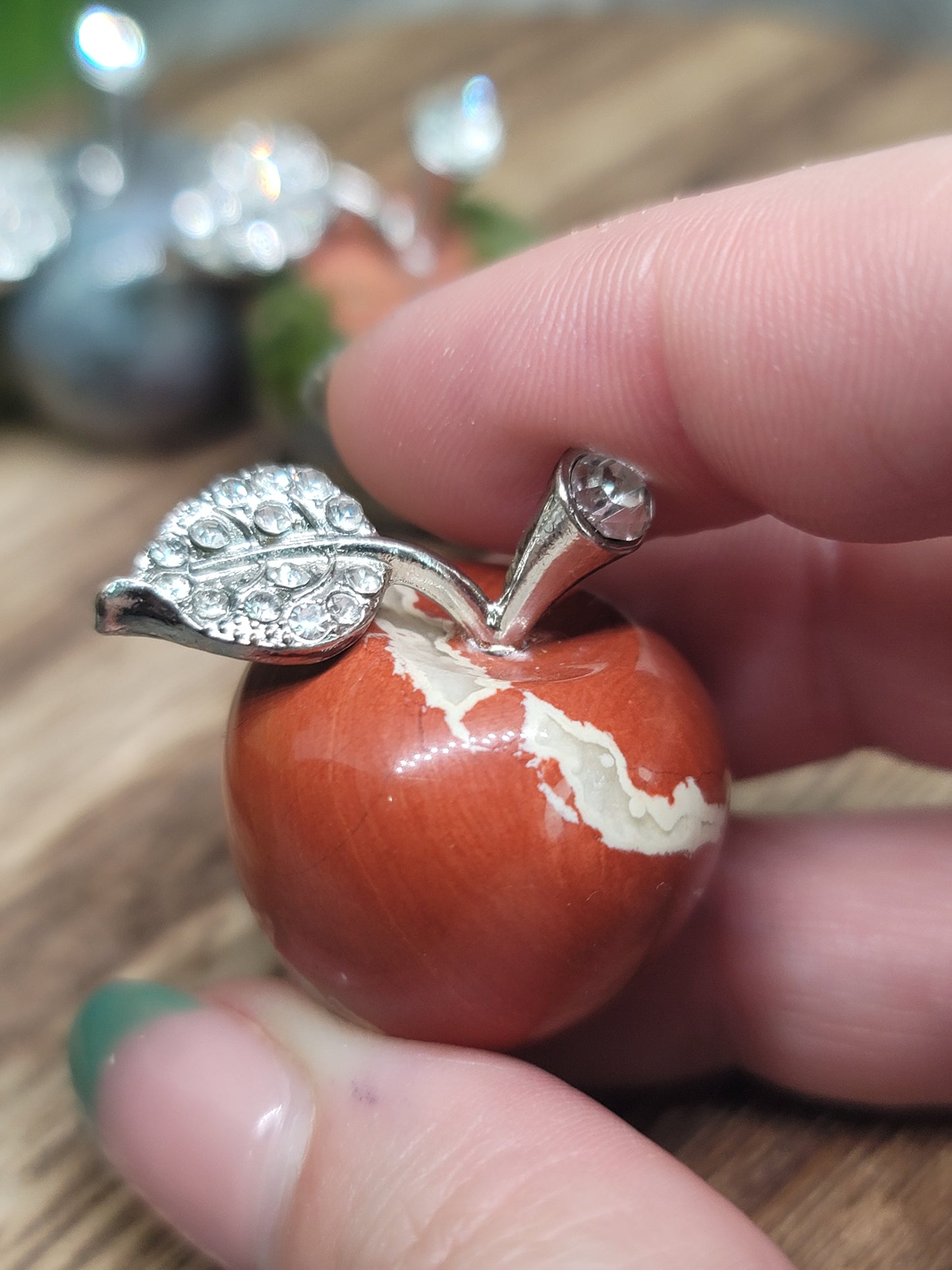 Medium Apple Crystal with Silver Jeweled Leaf: Symbol of Abundance and Wisdom