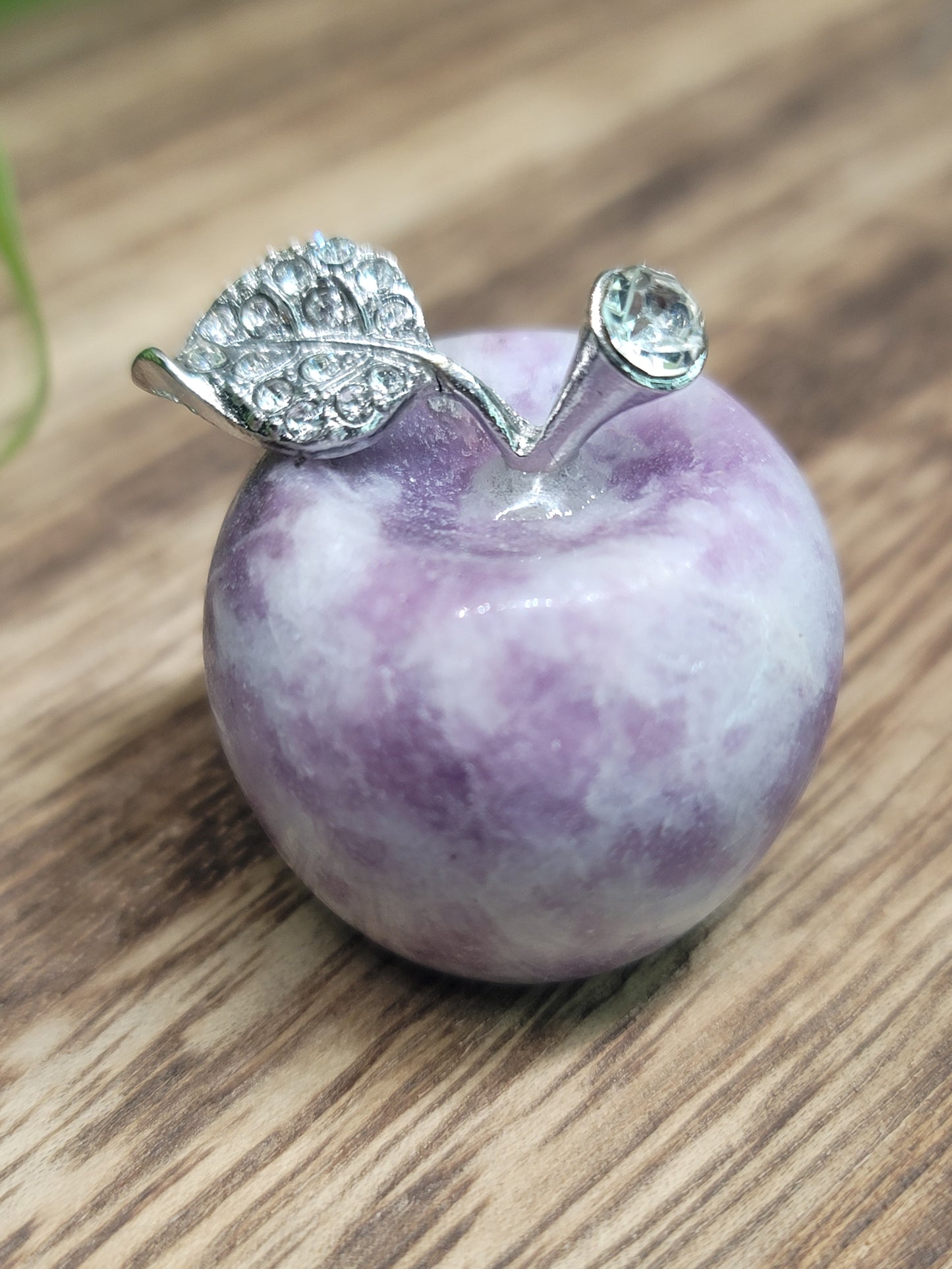 Large Apple Crystal with Silver Jeweled Leaf: Symbol of Abundance and Wisdom