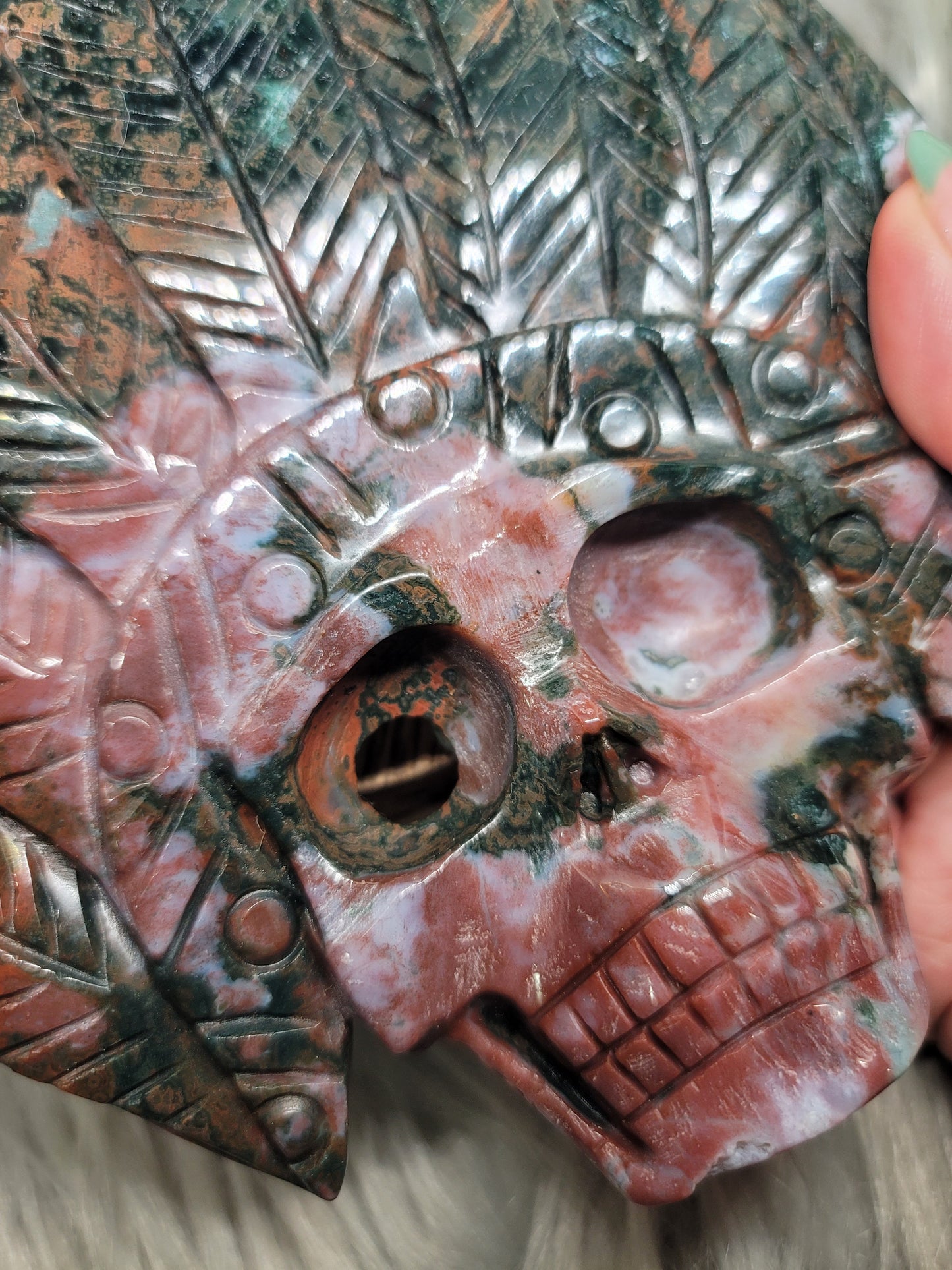 Ocean Jasper Skull Carving with Druzy and Stand: Deep Healing and Insight