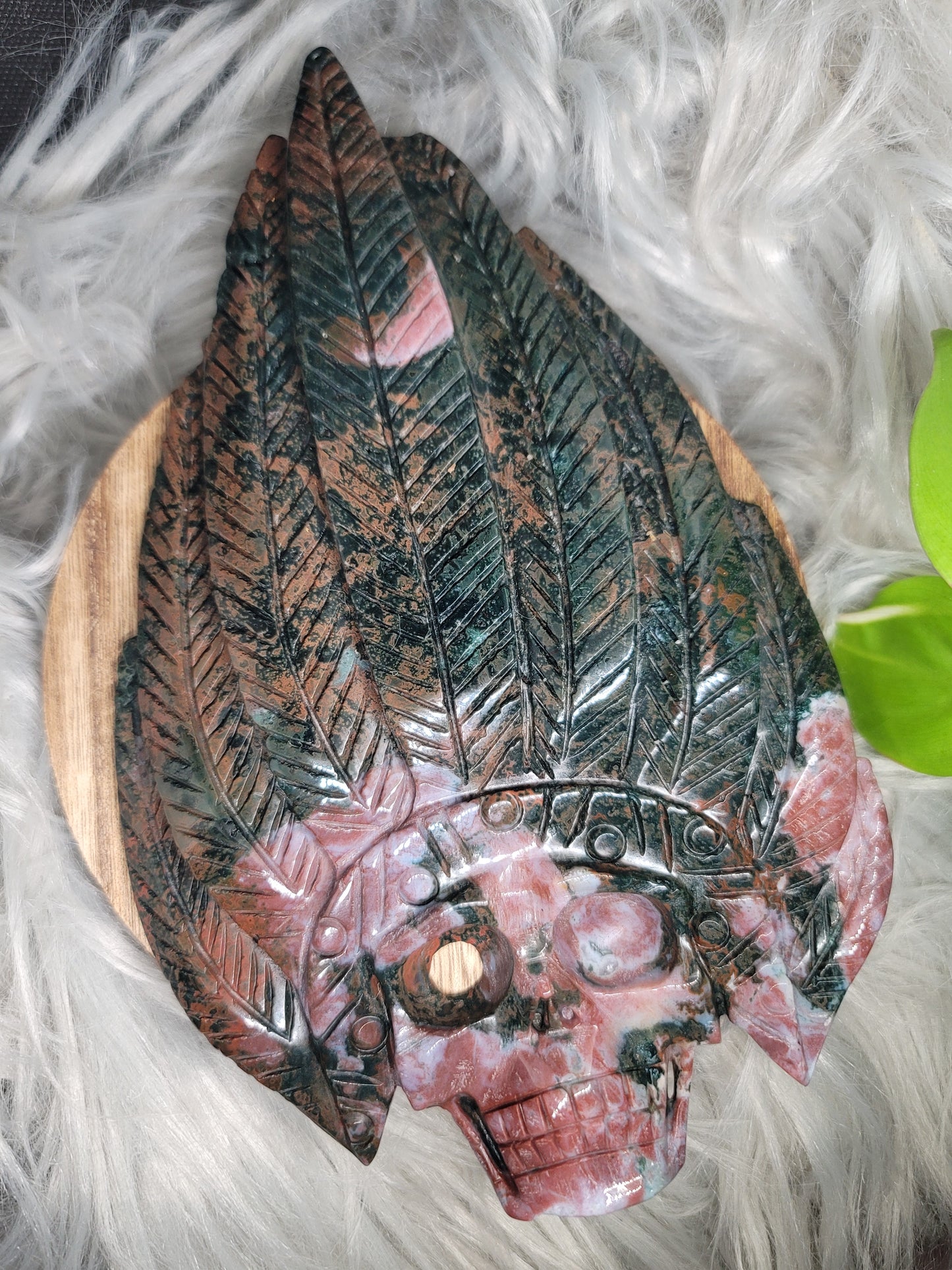 Ocean Jasper Skull Carving with Druzy and Stand: Deep Healing and Insight