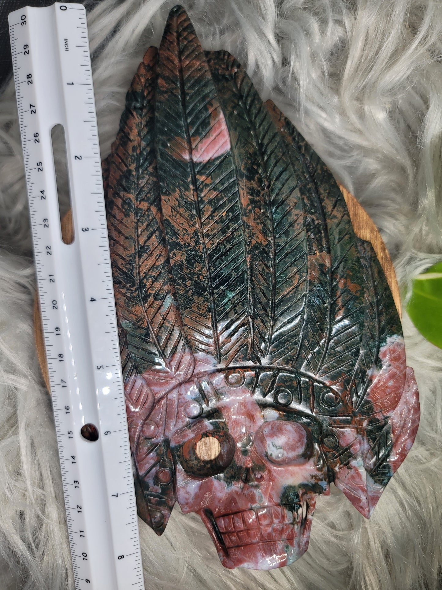 Ocean Jasper Skull Carving with Druzy and Stand: Deep Healing and Insight