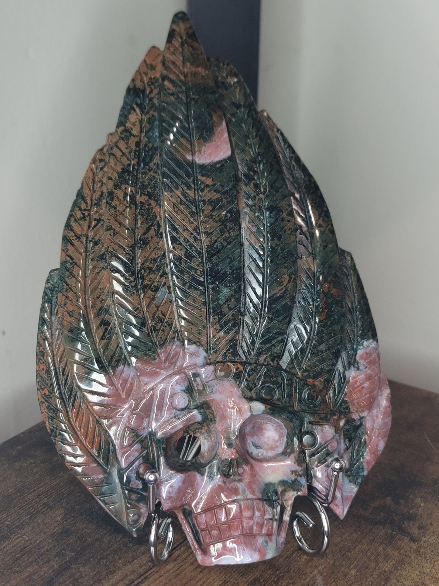 Ocean Jasper Skull Carving with Druzy and Stand: Deep Healing and Insight