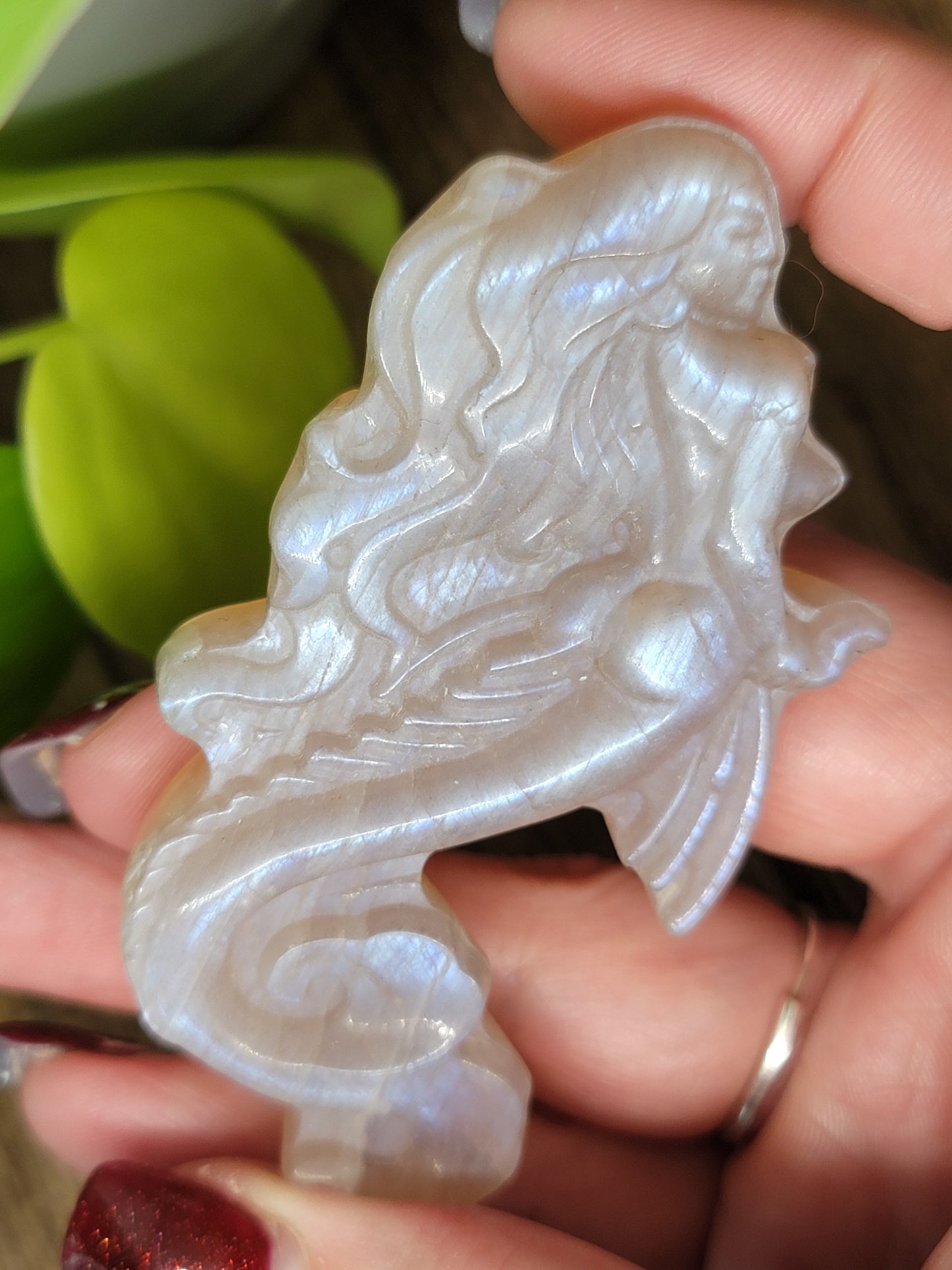 Moonstone Mermaid Carving – High Flash, Intuition & Feminine Power