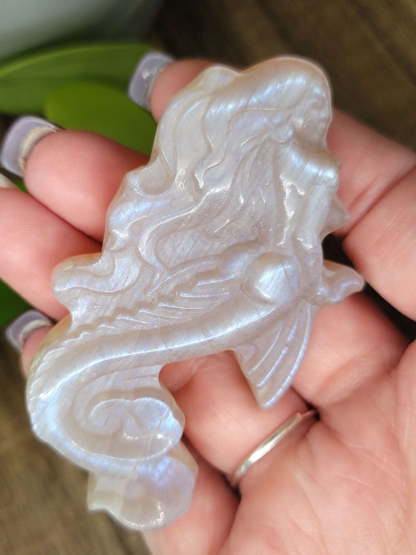 Moonstone Mermaid Carving – High Flash, Intuition & Feminine Power