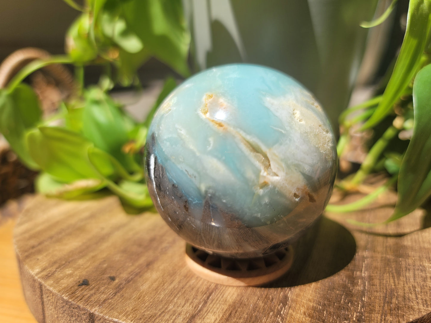 Blue Caribbean Calcite Sphere with Pyrite Inclusions for Calm Intuition and Manifestation