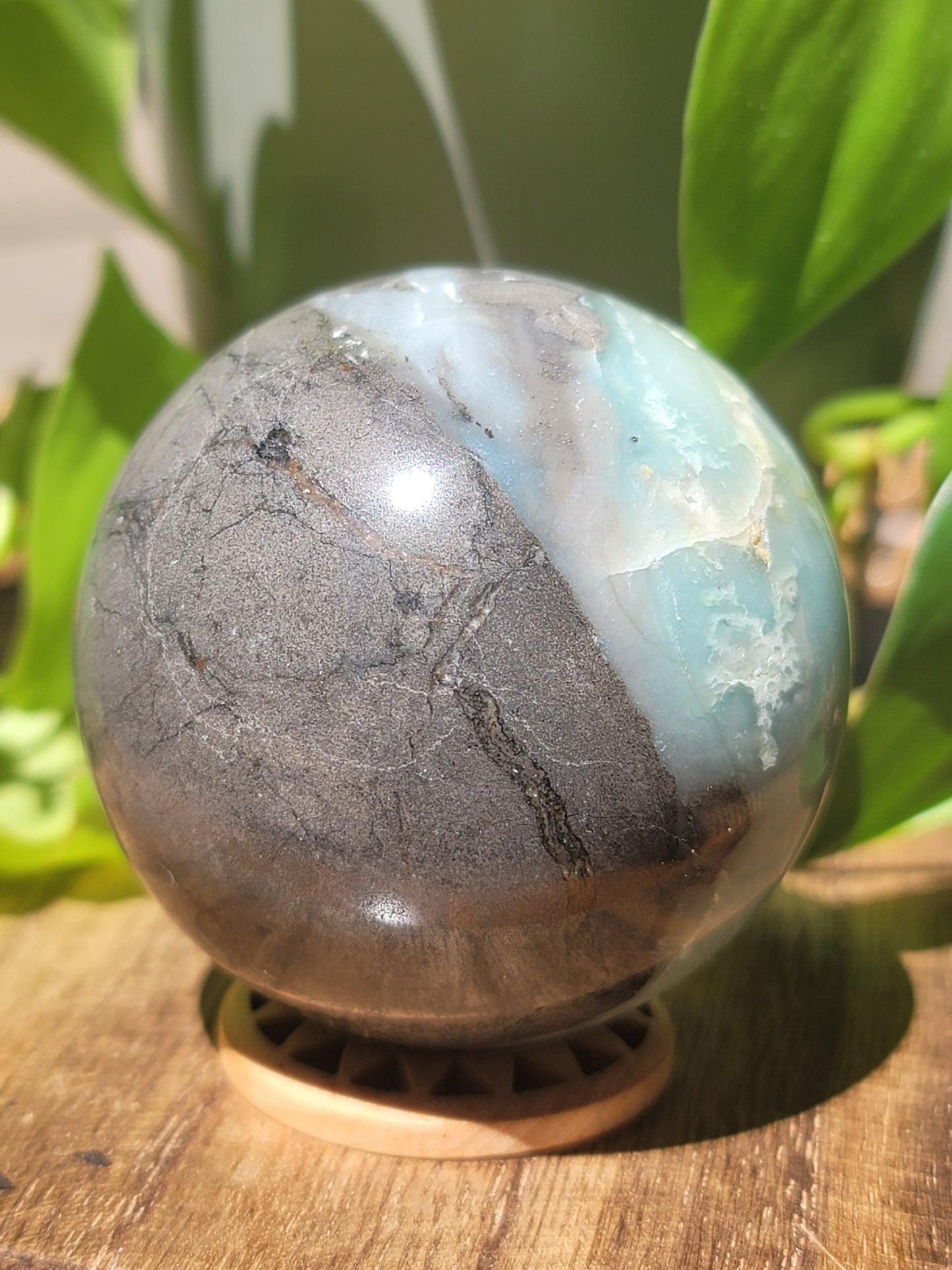 Blue Caribbean Calcite Sphere with Pyrite Inclusions for Calm Intuition and Manifestation