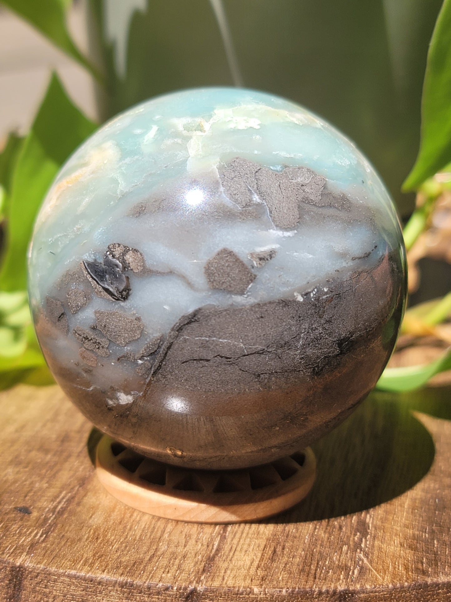 Blue Caribbean Calcite Sphere with Pyrite Inclusions for Calm Intuition and Manifestation