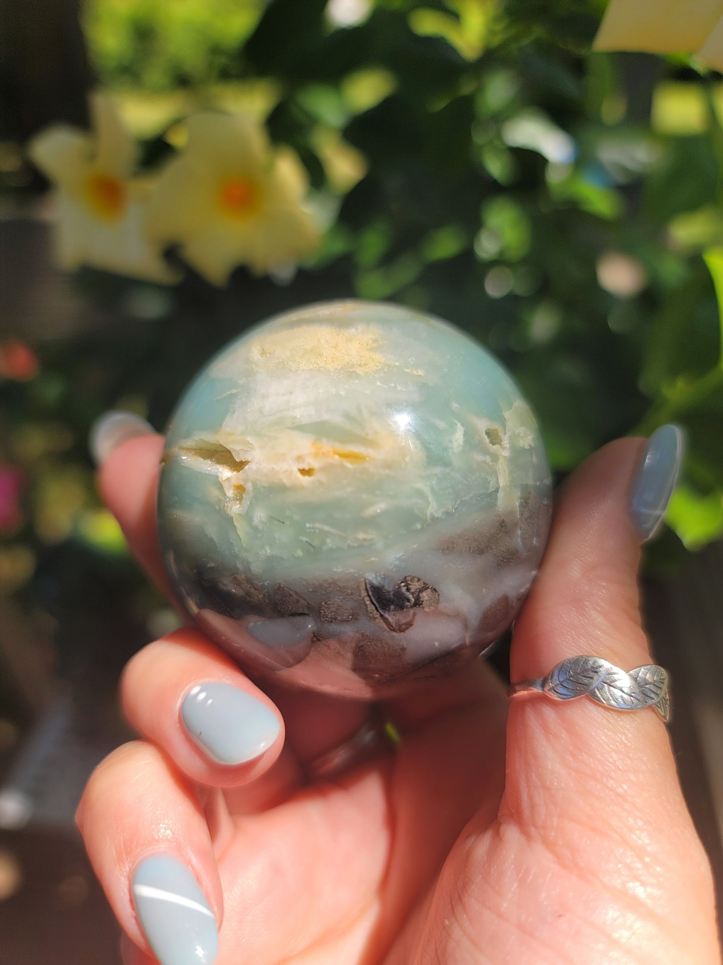 Blue Caribbean Calcite Sphere with Pyrite Inclusions for Calm Intuition and Manifestation