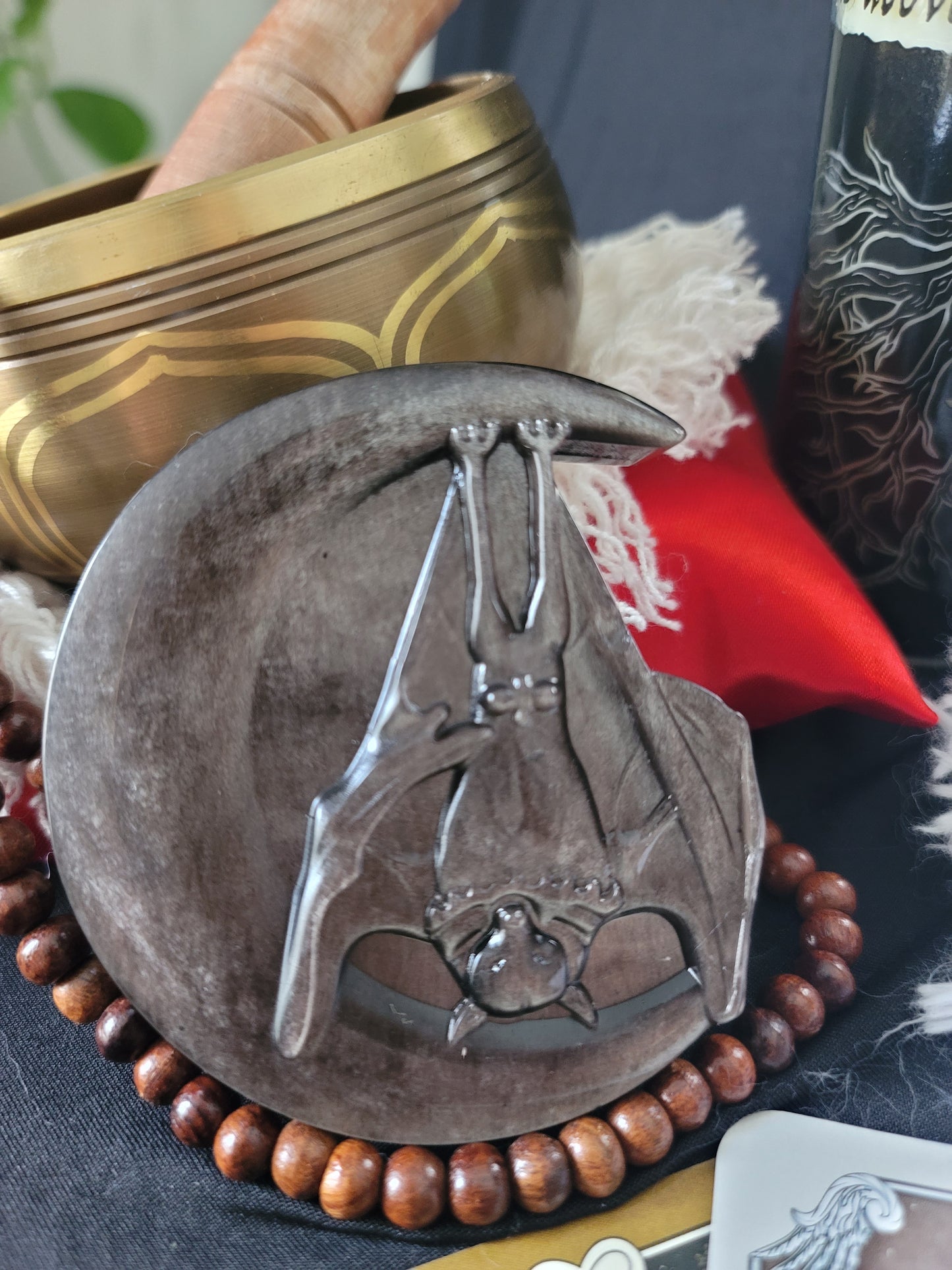Silver Obsidian Moon Carving: Bat or Dragon Guardian of Shadow Work