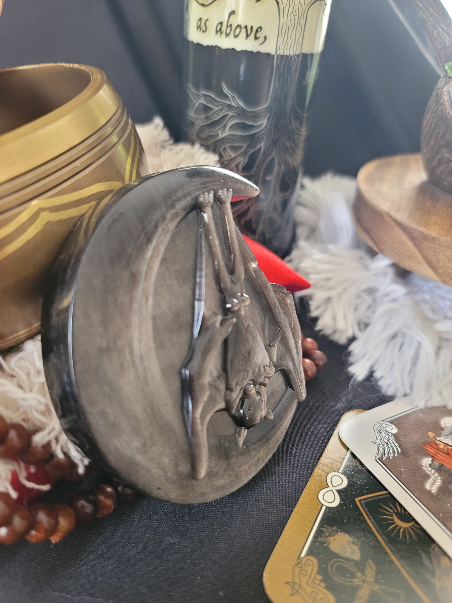 Silver Obsidian Moon Carving: Bat or Dragon Guardian of Shadow Work