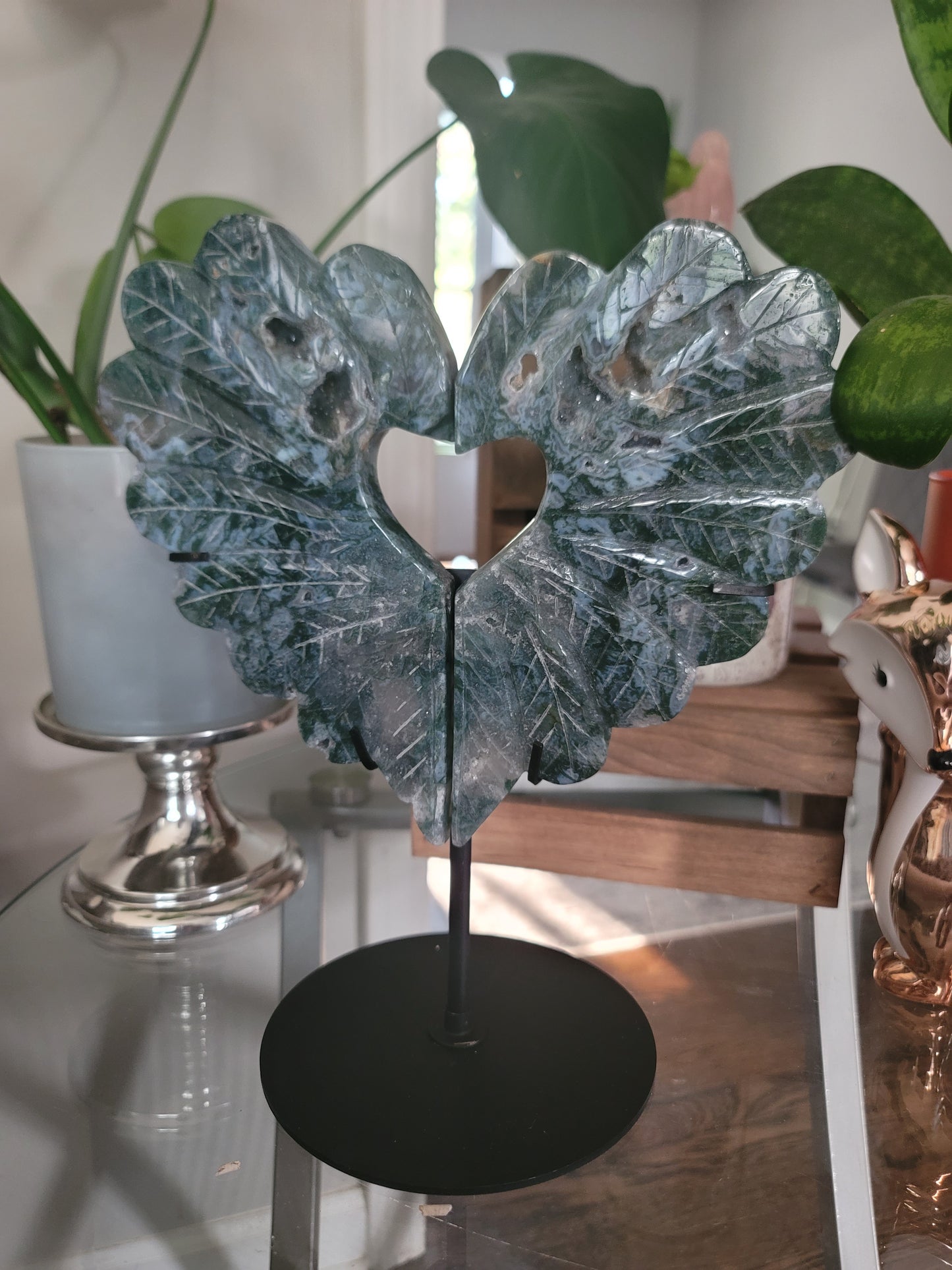 Moss Agate Peacock Heart Showpiece Two-Piece 9 Inch for Growth Stability and Earth Connection