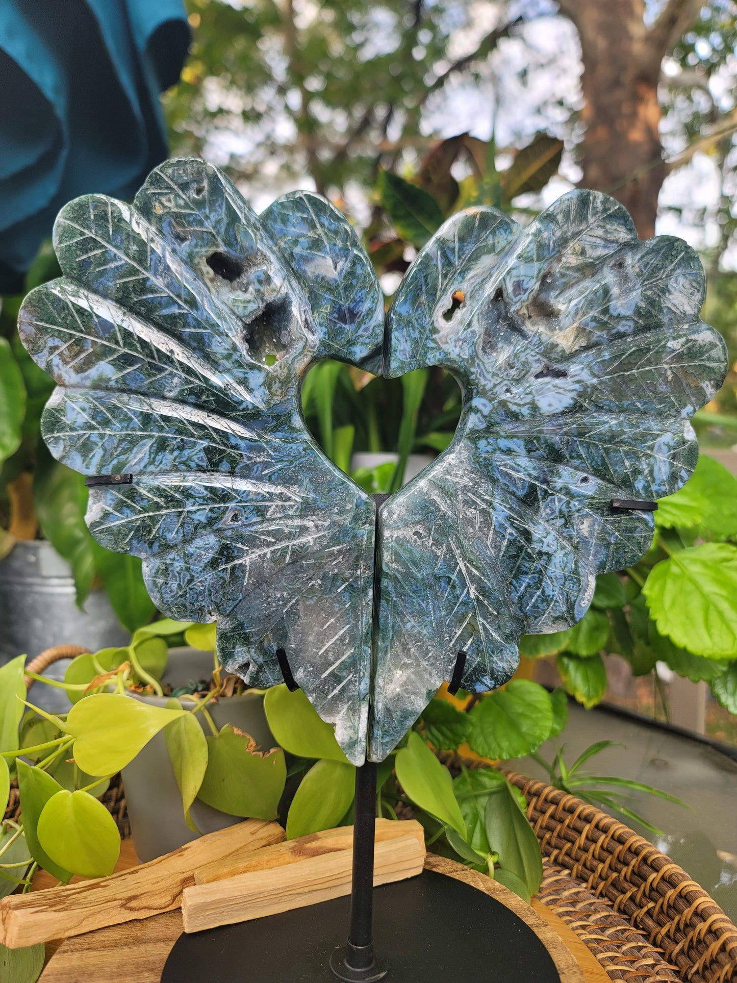 Moss Agate Peacock Heart Showpiece Two-Piece 9 Inch for Growth Stability and Earth Connection
