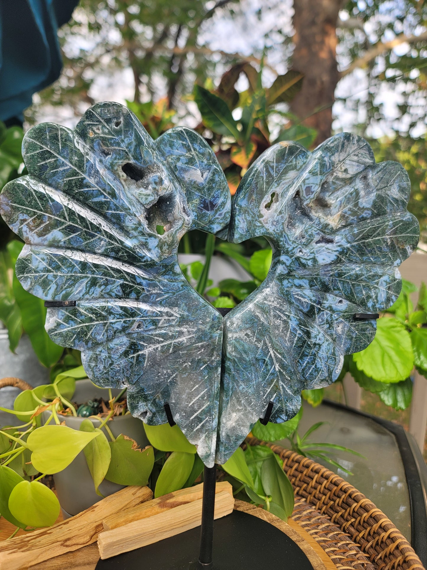 Moss Agate Peacock Heart Showpiece Two-Piece 9 Inch for Growth Stability and Earth Connection