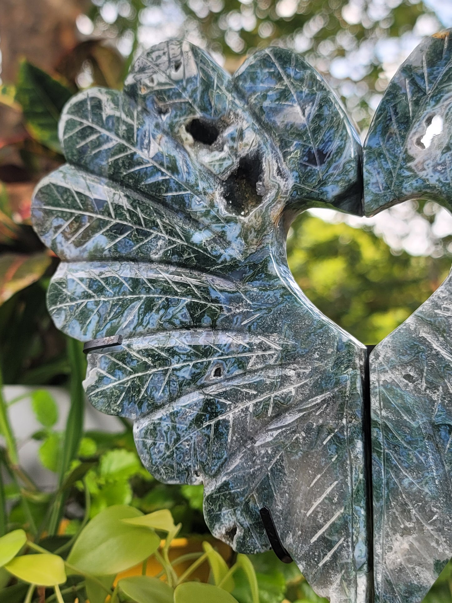 Moss Agate Peacock Heart Showpiece Two-Piece 9 Inch for Growth Stability and Earth Connection