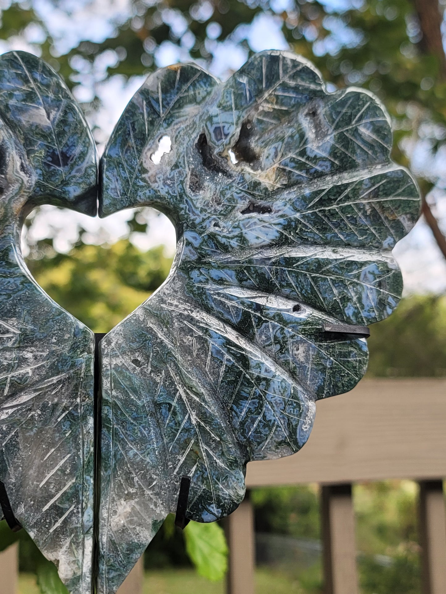 Moss Agate Peacock Heart Showpiece Two-Piece 9 Inch for Growth Stability and Earth Connection