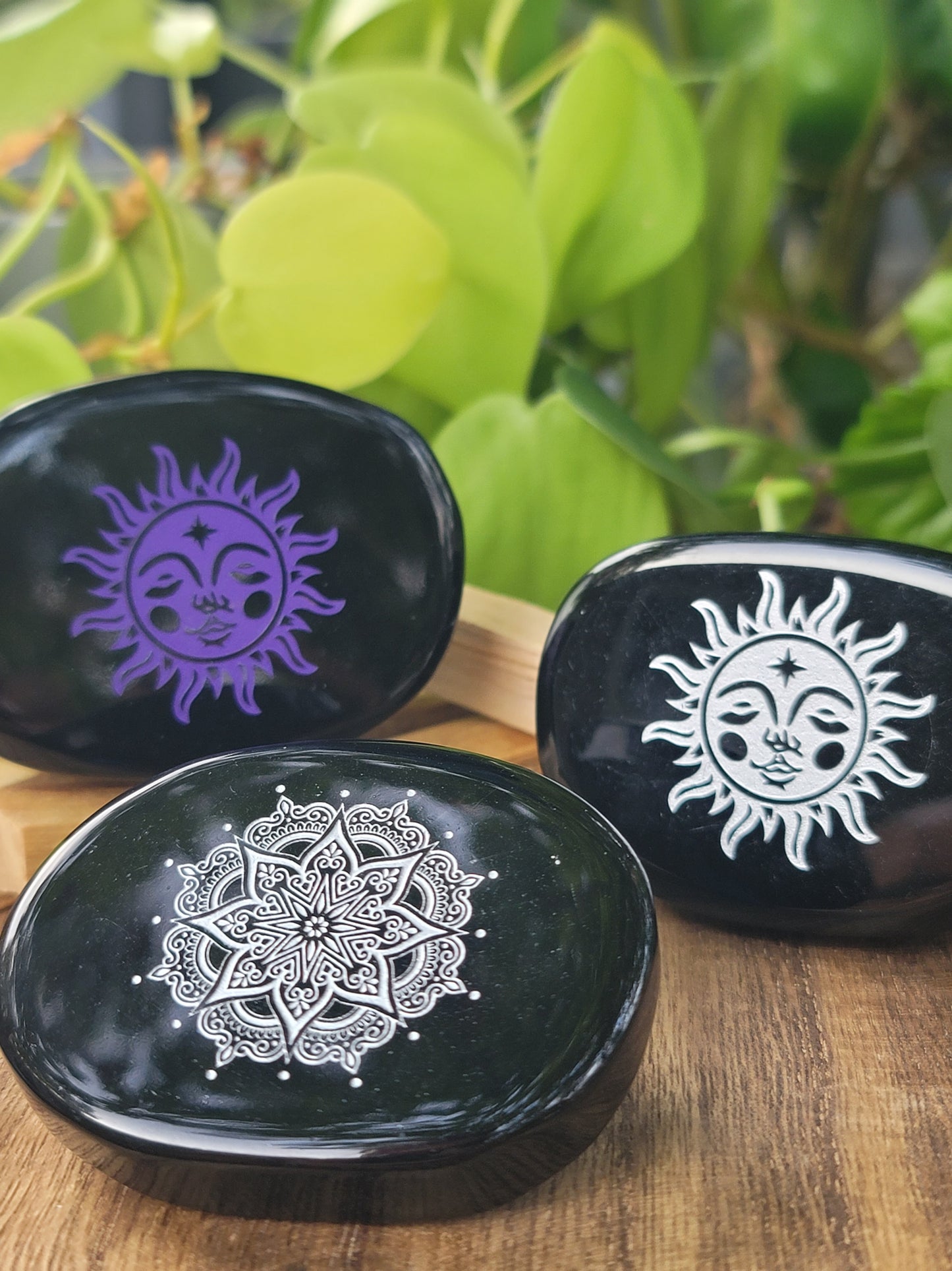 Obsidian Engraved Palmstone for Protection Grounding and Focused Meditation