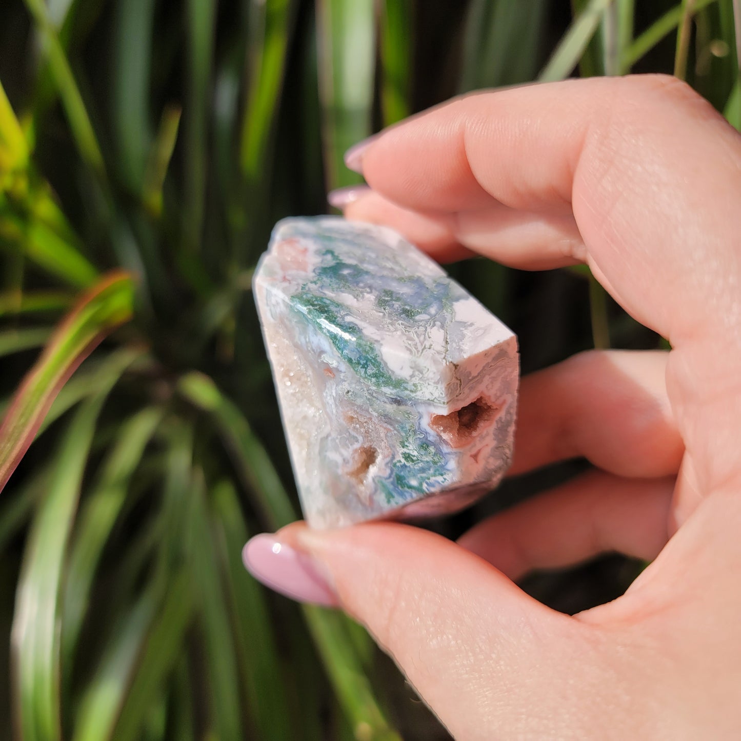 Pink Amethyst & Moss Agate Druzy Freeform – Healing & Spiritual Growth
