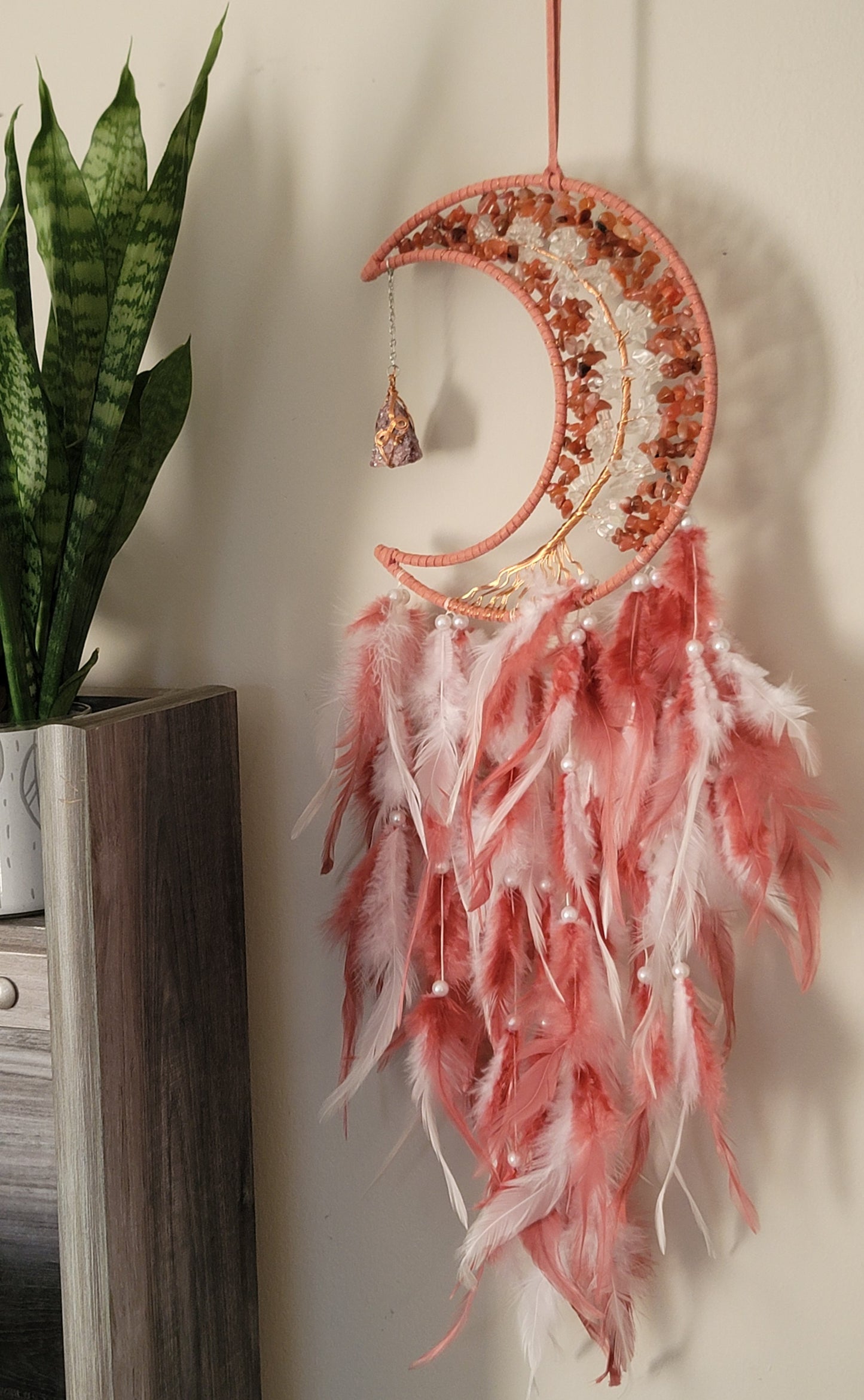 Large Moon Dreamcatcher – Tree of Life with Carnelian, Citrine, Caribbean Calcite or Dyed Howlite
