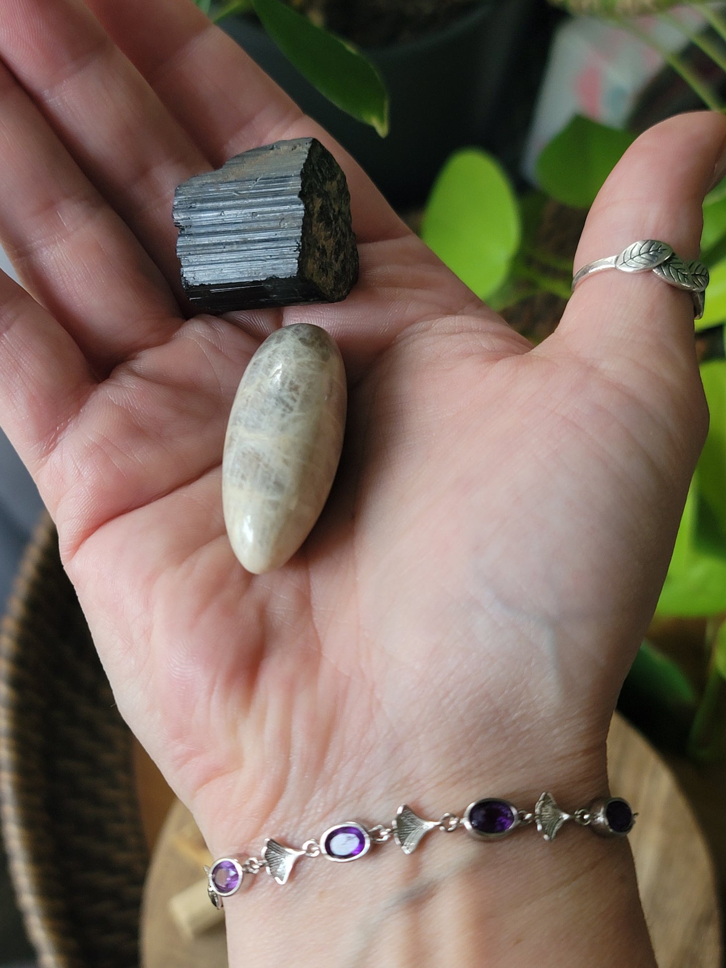 Spiritual Reset Crystal Bundle with Amethyst Bracelet Moonstone and Black Tourmaline
