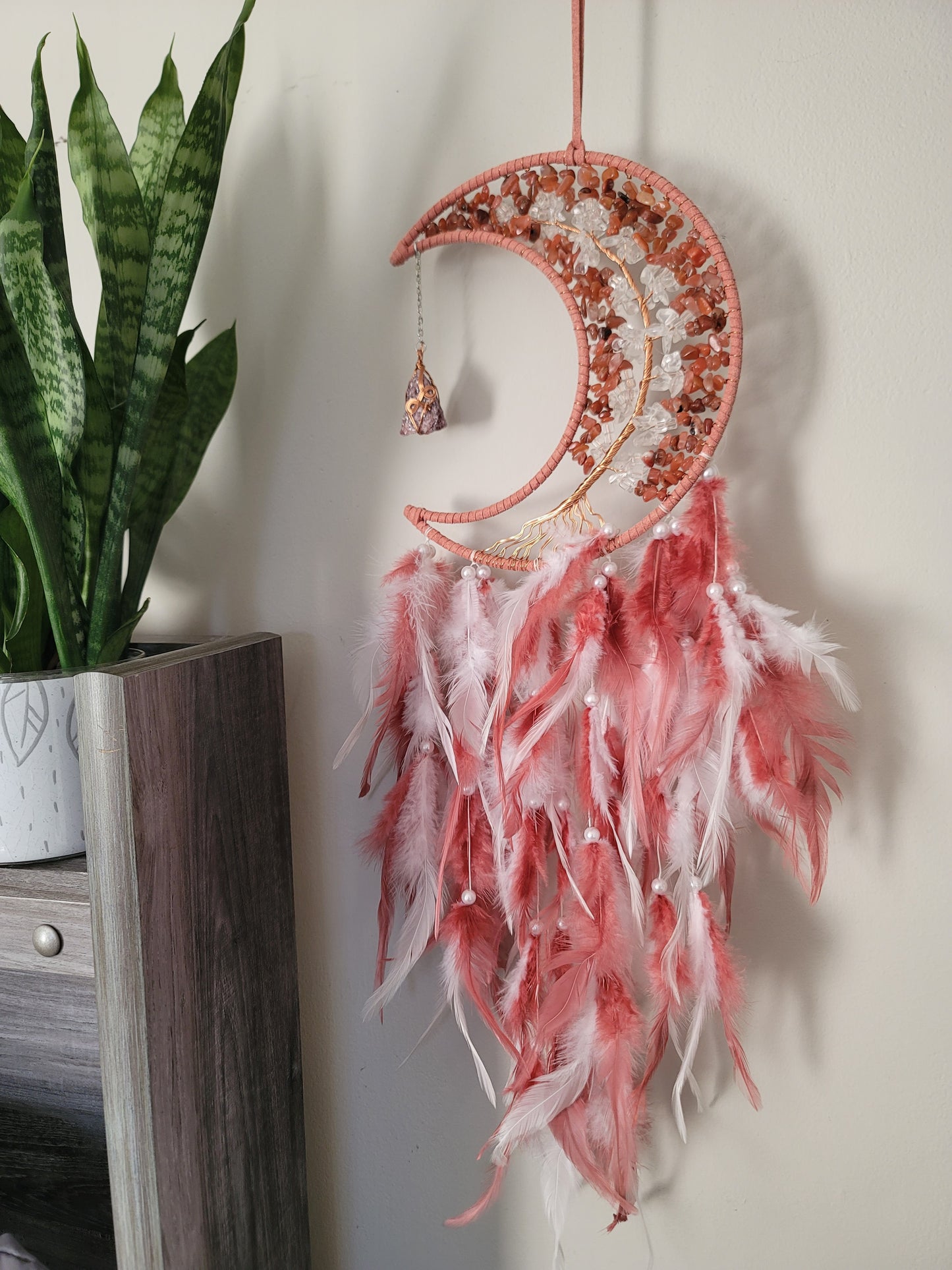 Large Moon Dreamcatcher – Tree of Life with Carnelian, Citrine, Caribbean Calcite or Dyed Howlite