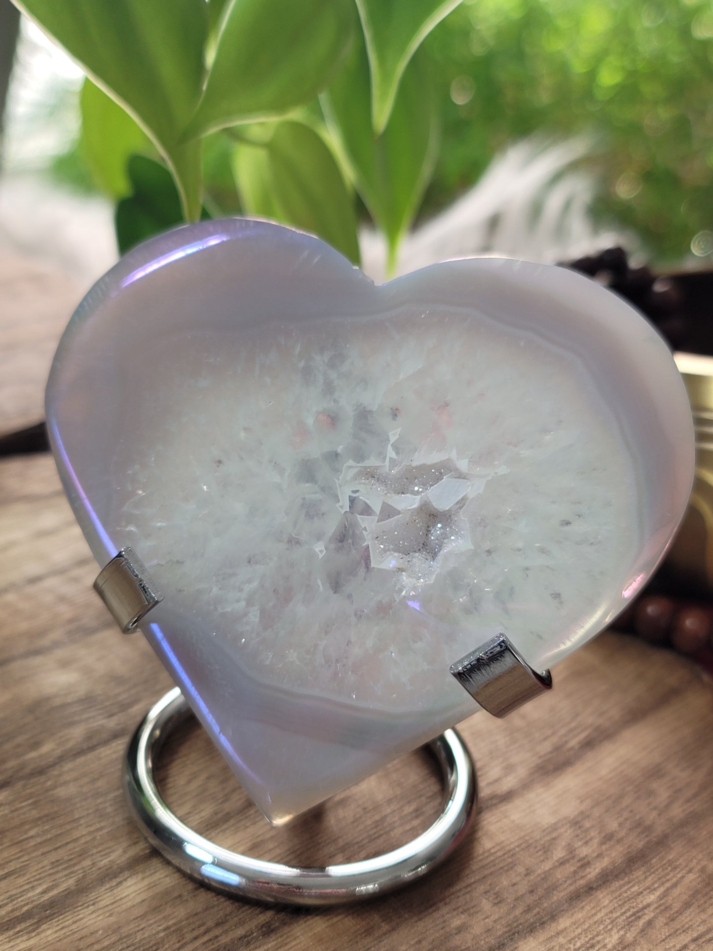 Aura Druzy Agate Heart on Silver Stand – Fresh Energy, Radiance & Spiritual Glow