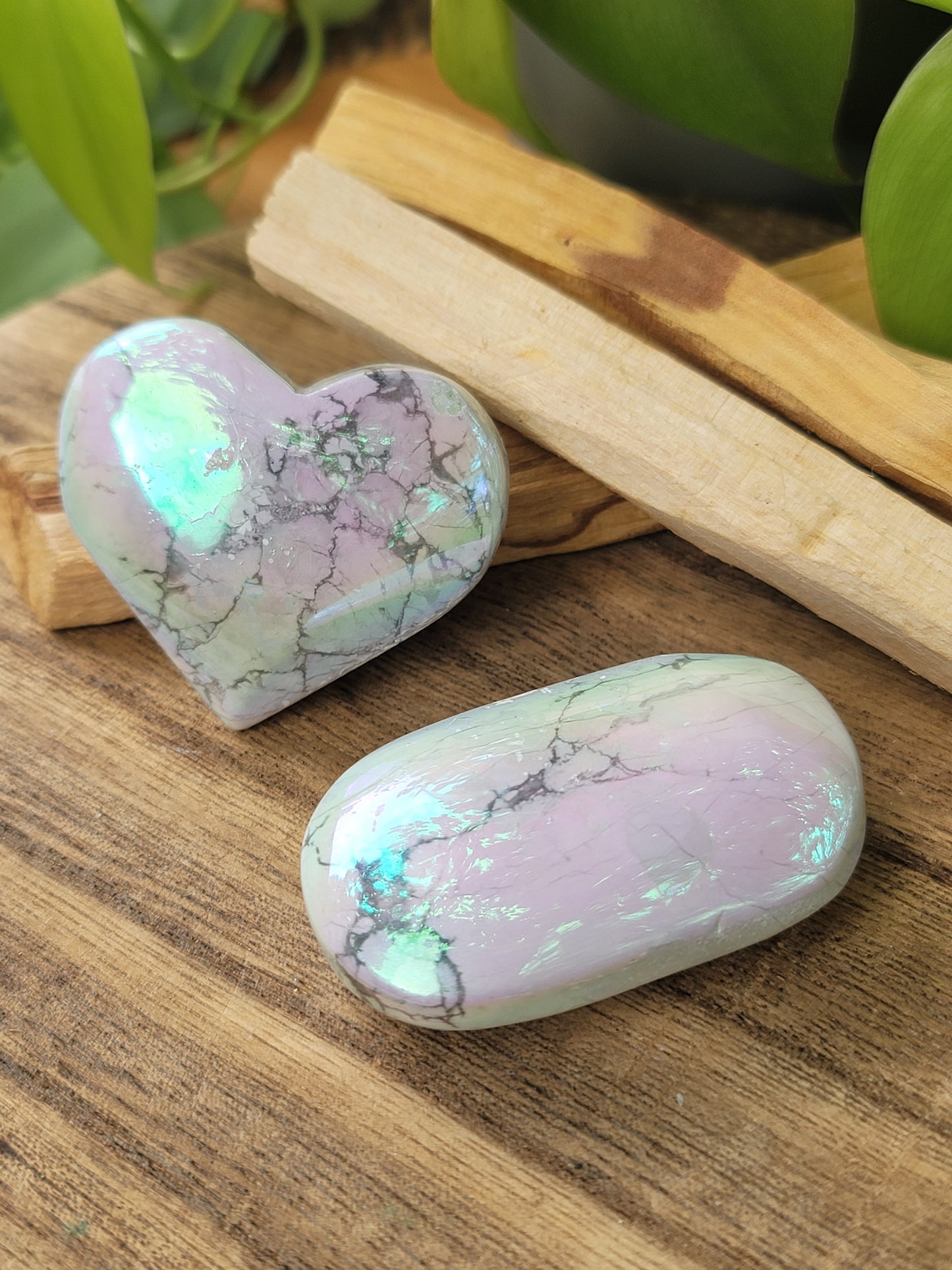 Aura Howlite Palm Stone and Heart for Calm Clarity and Crown Chakra Peace