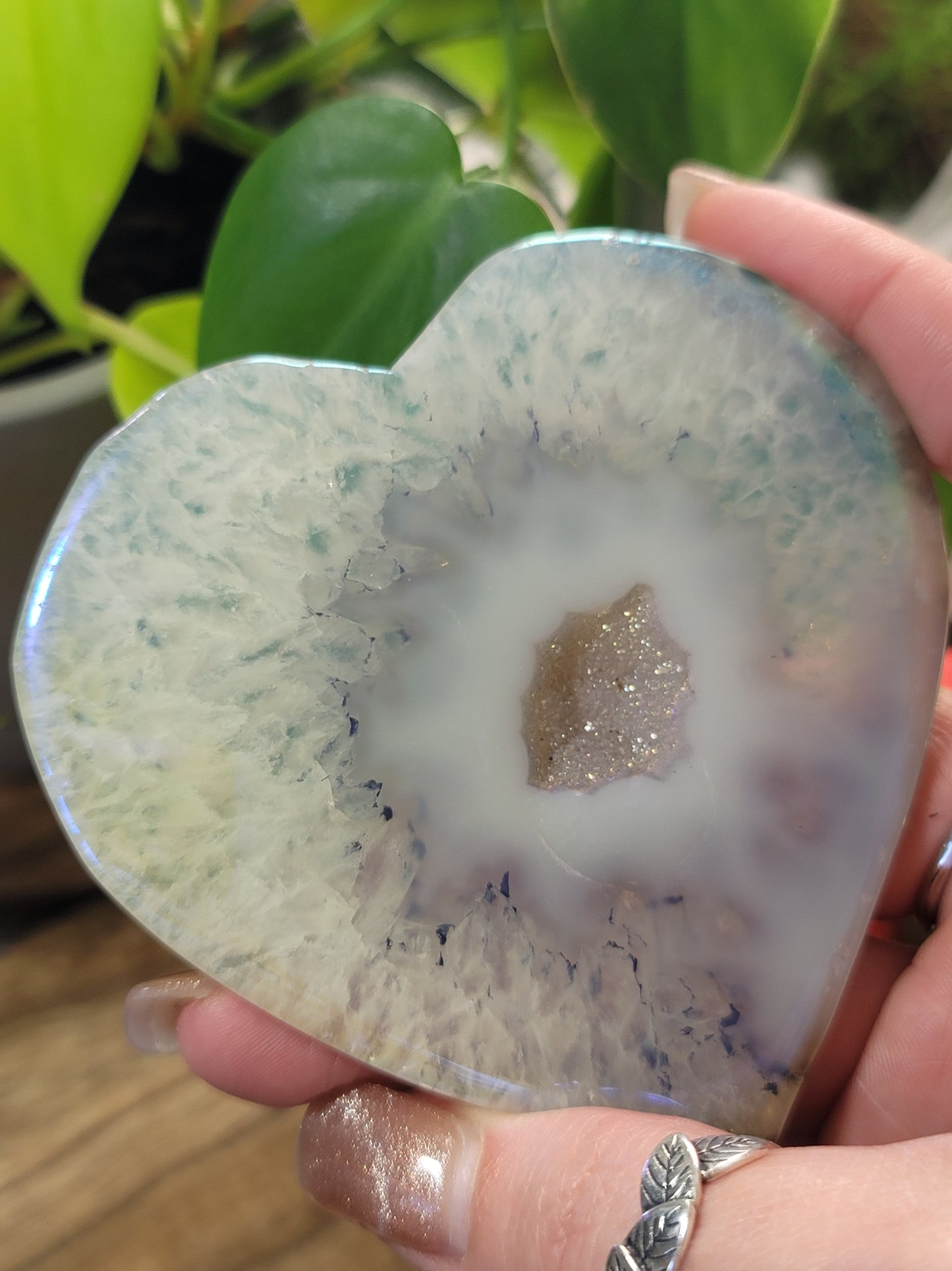 Aura Druzy Agate Heart on Silver Stand – Fresh Energy, Radiance & Spiritual Glow