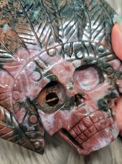 Ocean Jasper Skull Carving with Druzy and Stand: Deep Healing and Insight