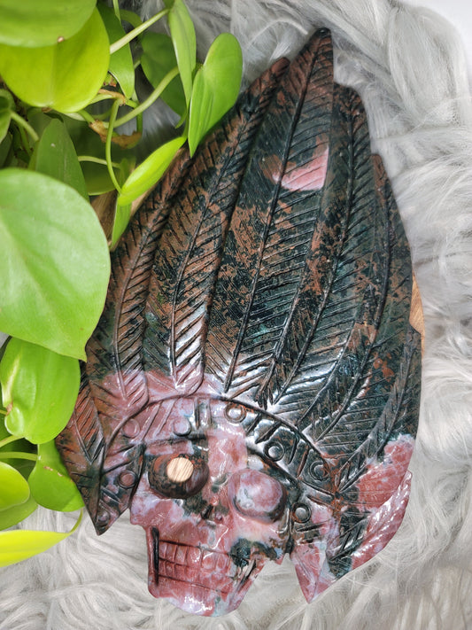 Ocean Jasper Skull Carving with Druzy and Stand: Deep Healing and Insight