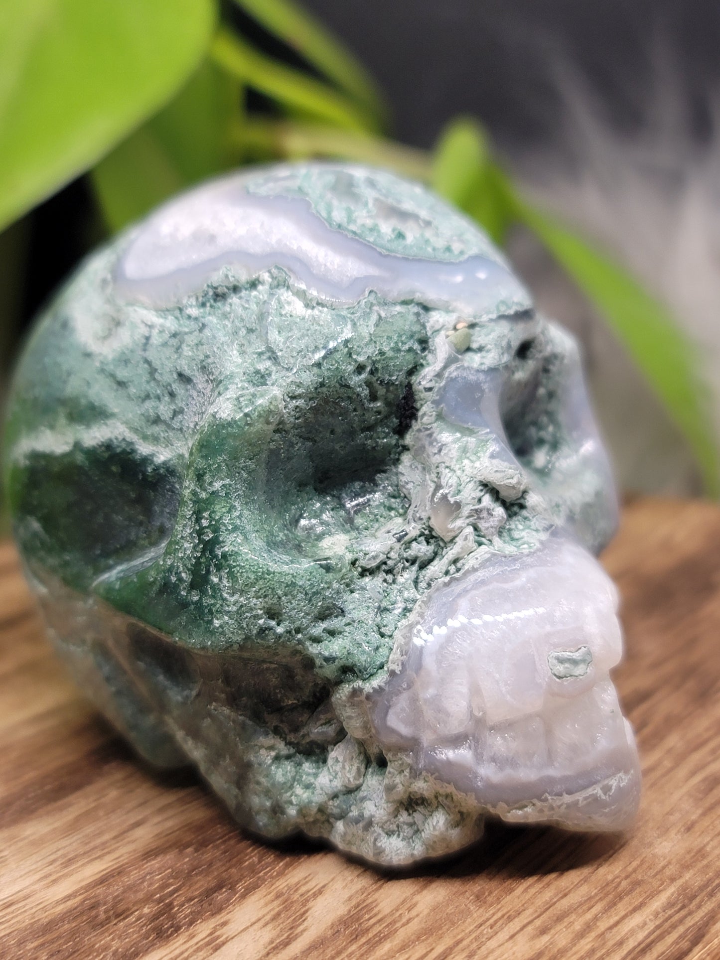 Moss Agate Druzy Quartz Skull: Grounding and Spiritual Transformation