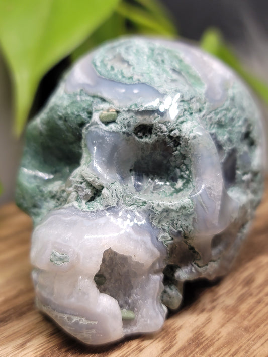 Moss Agate Druzy Quartz Skull: Grounding and Spiritual Transformation