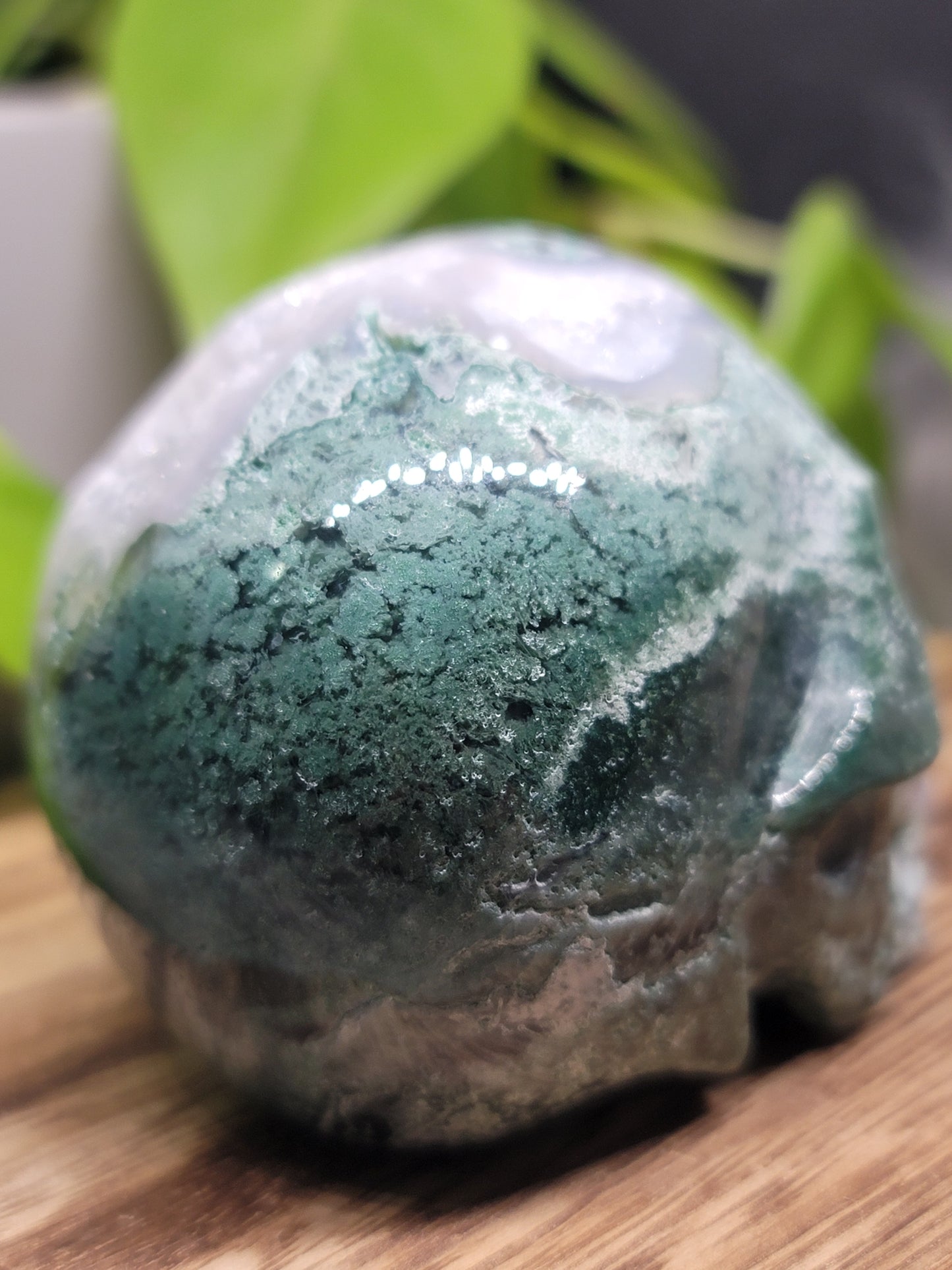 Moss Agate Druzy Quartz Skull: Grounding and Spiritual Transformation