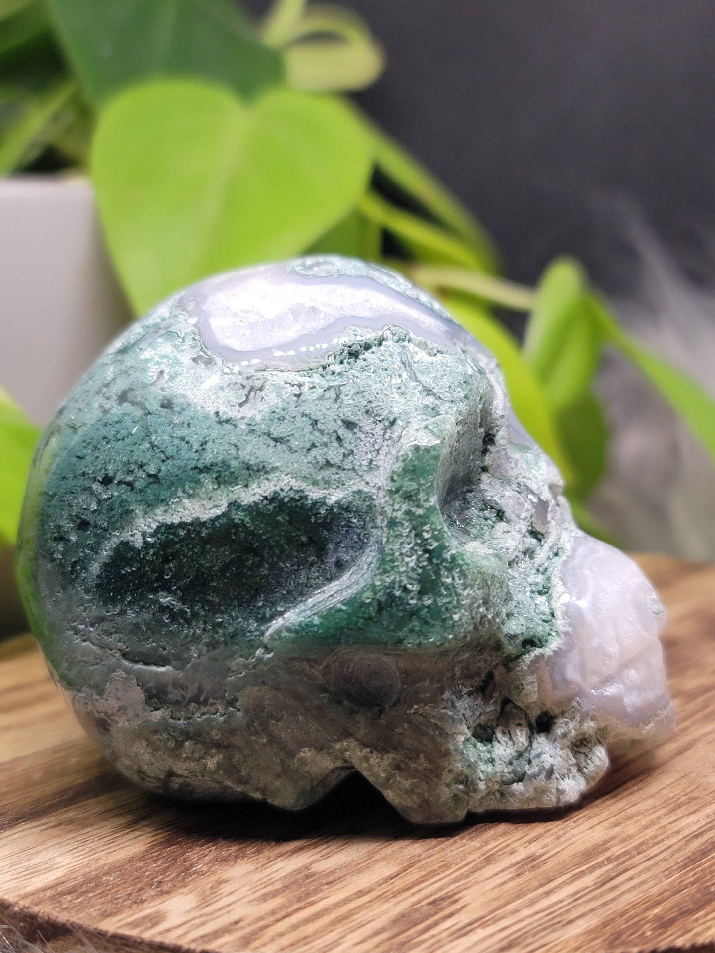 Moss Agate Druzy Quartz Skull: Grounding and Spiritual Transformation