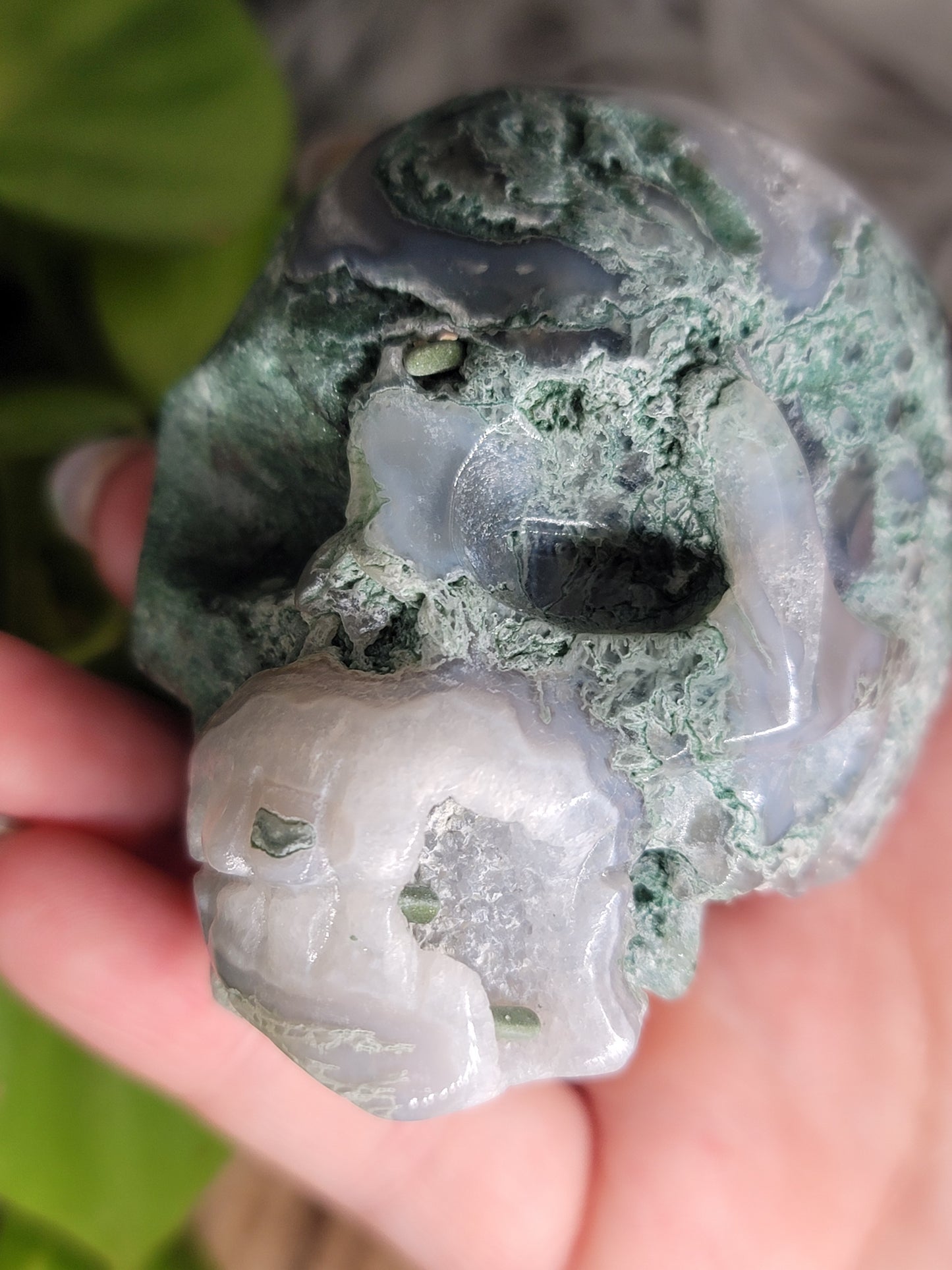 Moss Agate Druzy Quartz Skull: Grounding and Spiritual Transformation