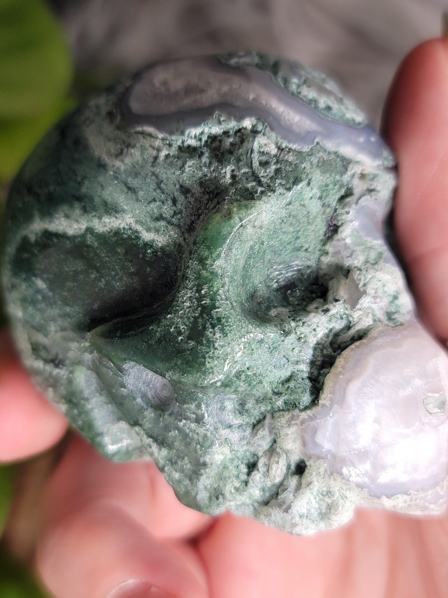 Moss Agate Druzy Quartz Skull: Grounding and Spiritual Transformation