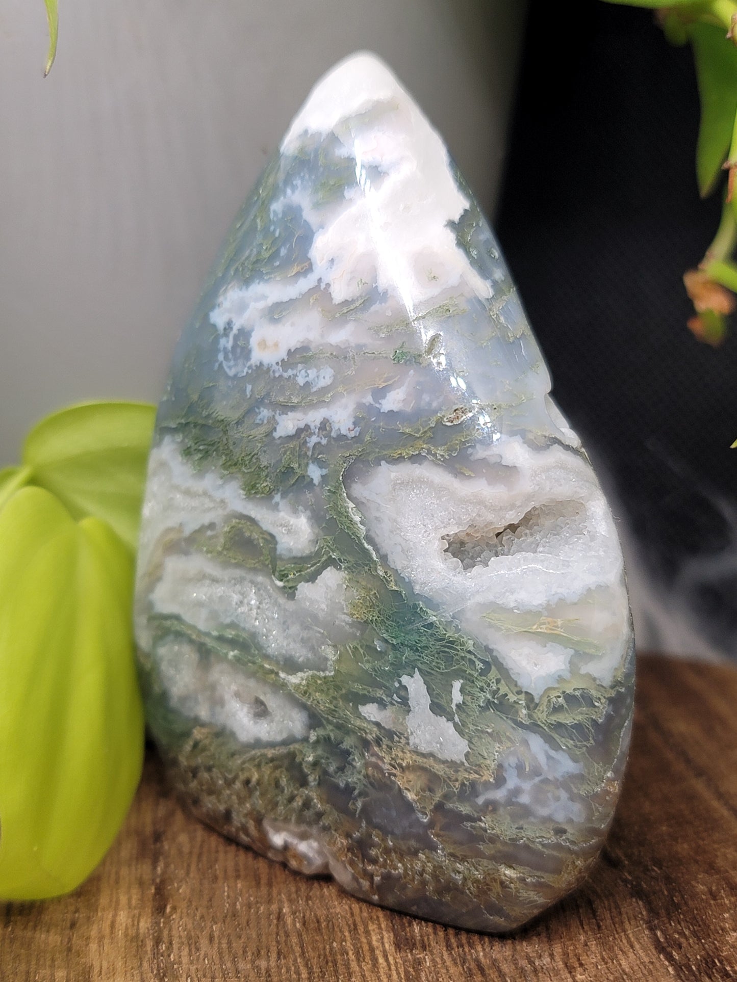 Moss Agate Freeform with Druzy: A Window to Nature's Serenity