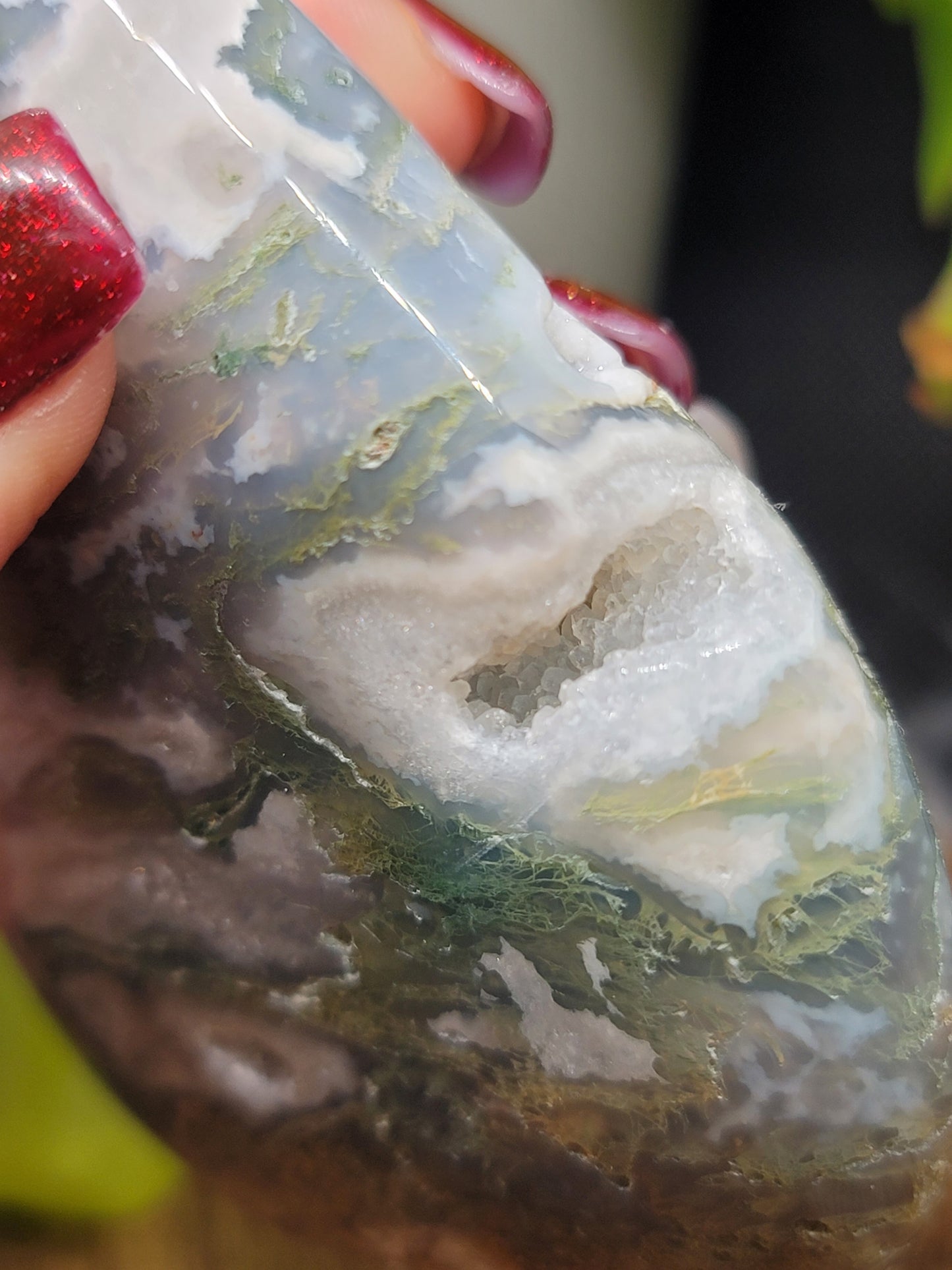 Moss Agate Freeform with Druzy: A Window to Nature's Serenity