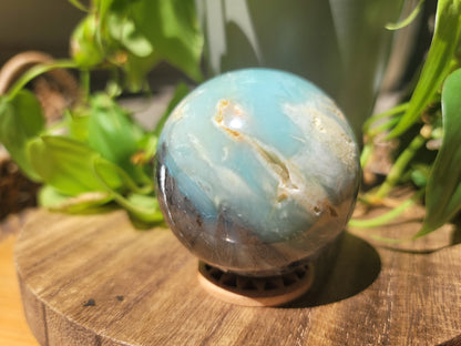 Blue Caribbean Calcite Sphere with Pyrite Inclusions for Calm Intuition and Manifestation
