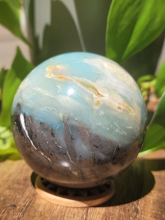 Blue Caribbean Calcite Sphere with Pyrite Inclusions for Calm Intuition and Manifestation