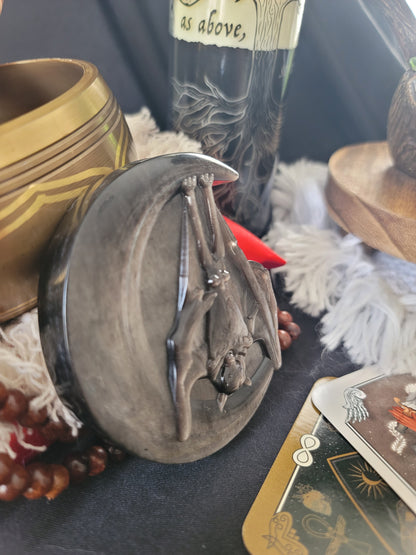Silver Obsidian Moon Carving: Bat or Dragon Guardian of Shadow Work